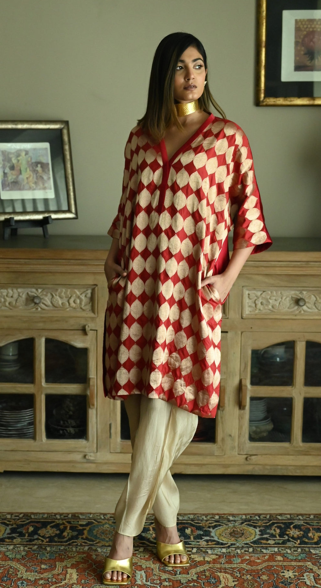 Shahi Kaftan in Red Brocade with Chai Beige Nandini Dhoti