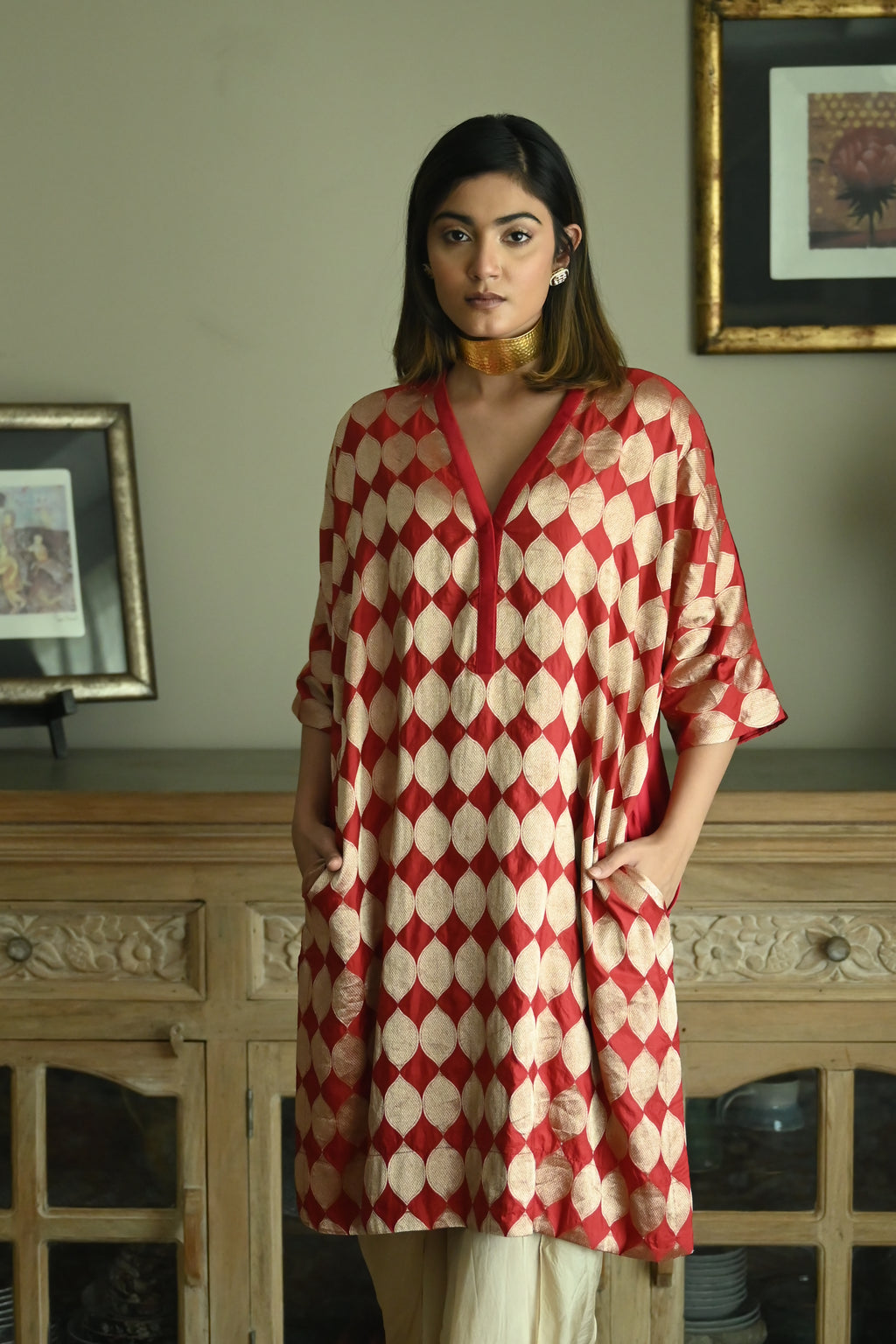 Shahi Kaftan in Red Brocade with Chai Beige Nandini Dhoti