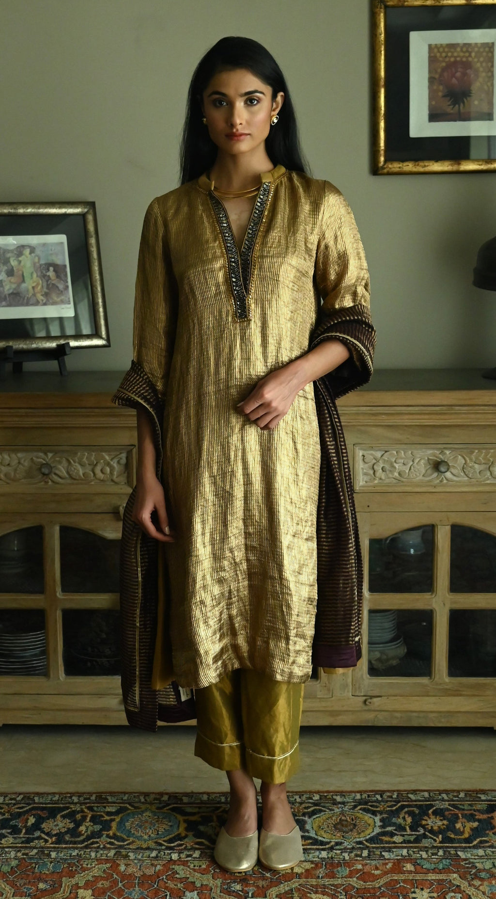 Maxi Kurta in Vintage Gold Brocade Tissue with Gold Tissue Pant