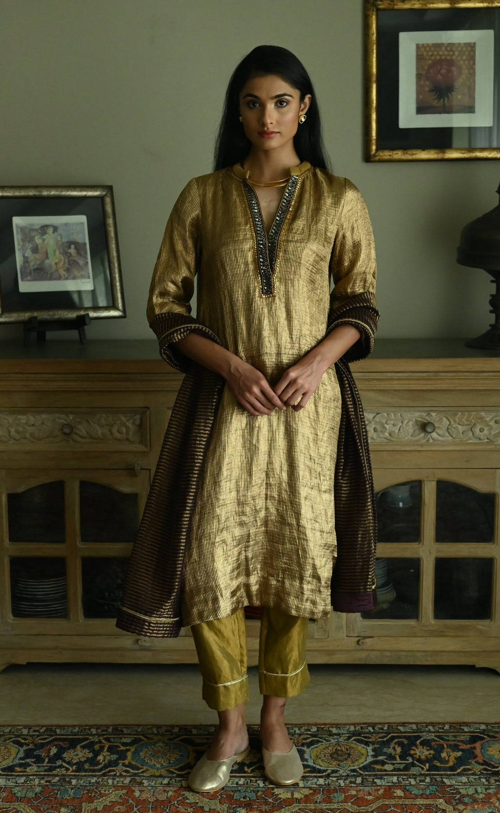 Maxi Kurta in Vintage Gold Brocade Tissue with Gold Tissue Pant