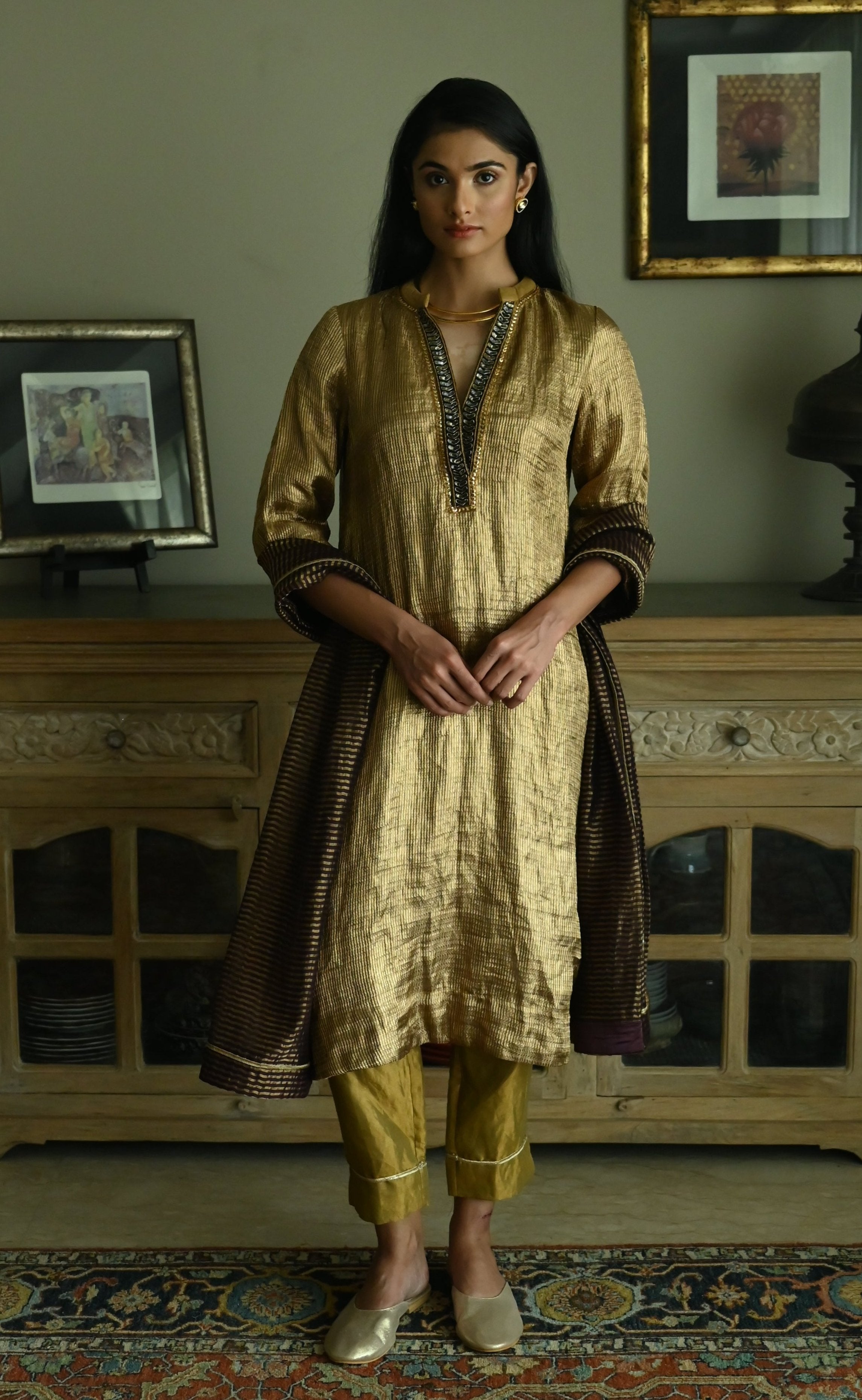 Maxi Kurta in Vintage Gold Brocade Tissue with Gold Tissue Pant