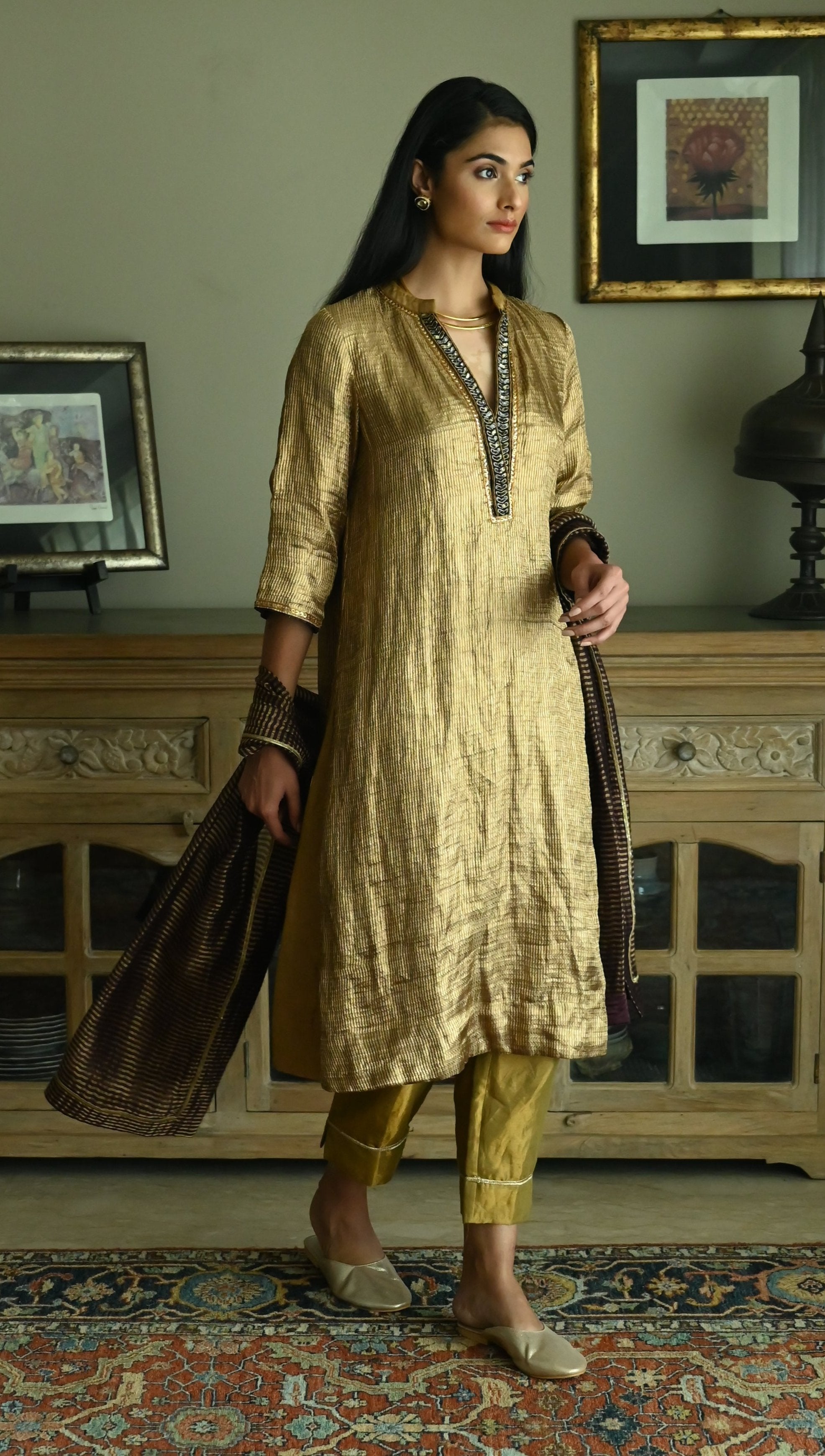 Maxi Kurta in Vintage Gold Brocade Tissue with Gold Tissue Pant