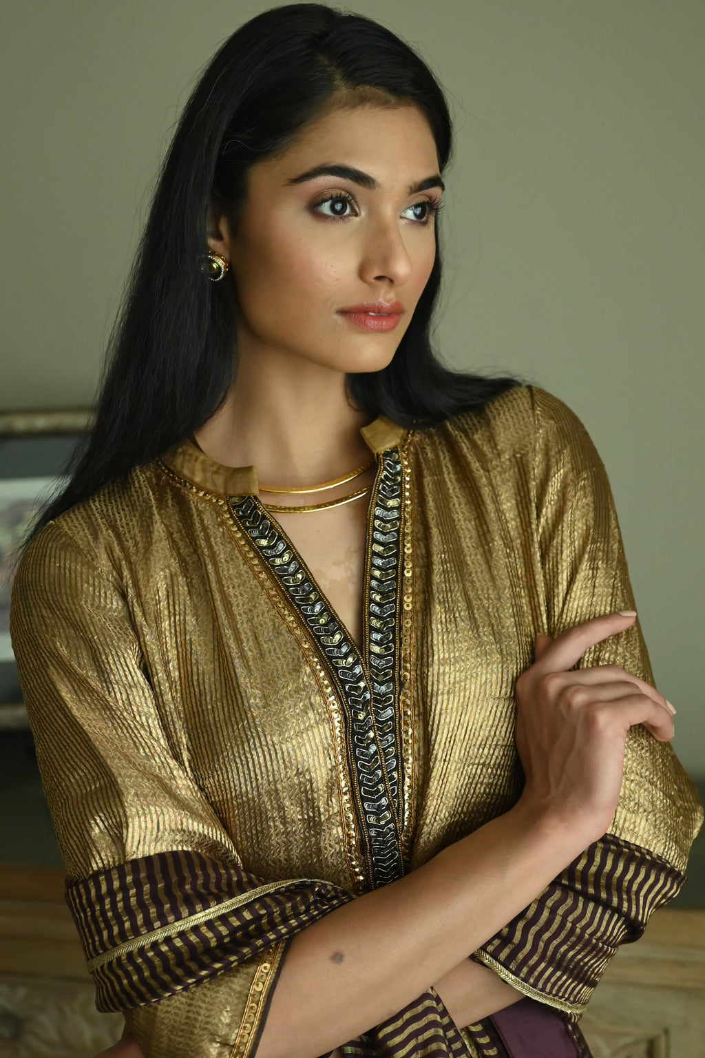 Maxi Kurta in Vintage Gold Brocade Tissue with Gold Tissue Pant