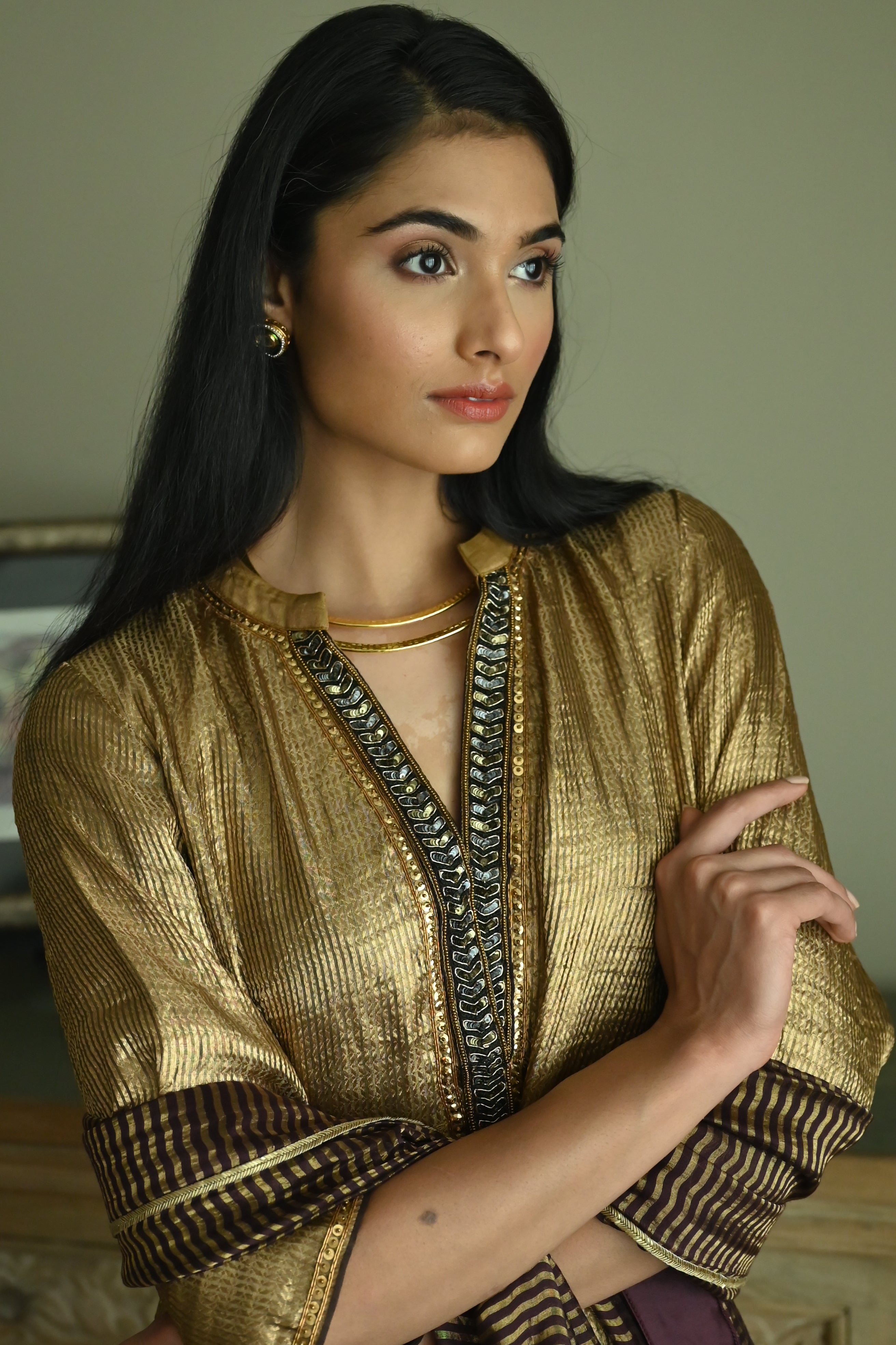 Maxi Kurta in Vintage Gold Brocade Tissue with Gold Tissue Pant