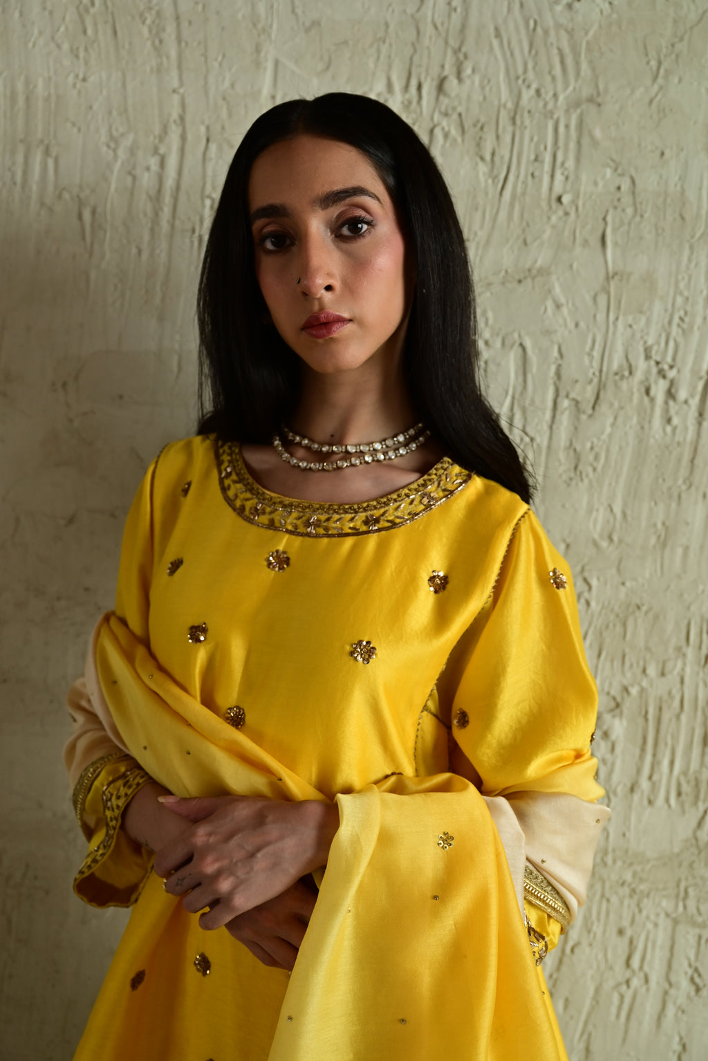 Padma Mini Choga in Yellow Chanderi with Pakhi Salwar