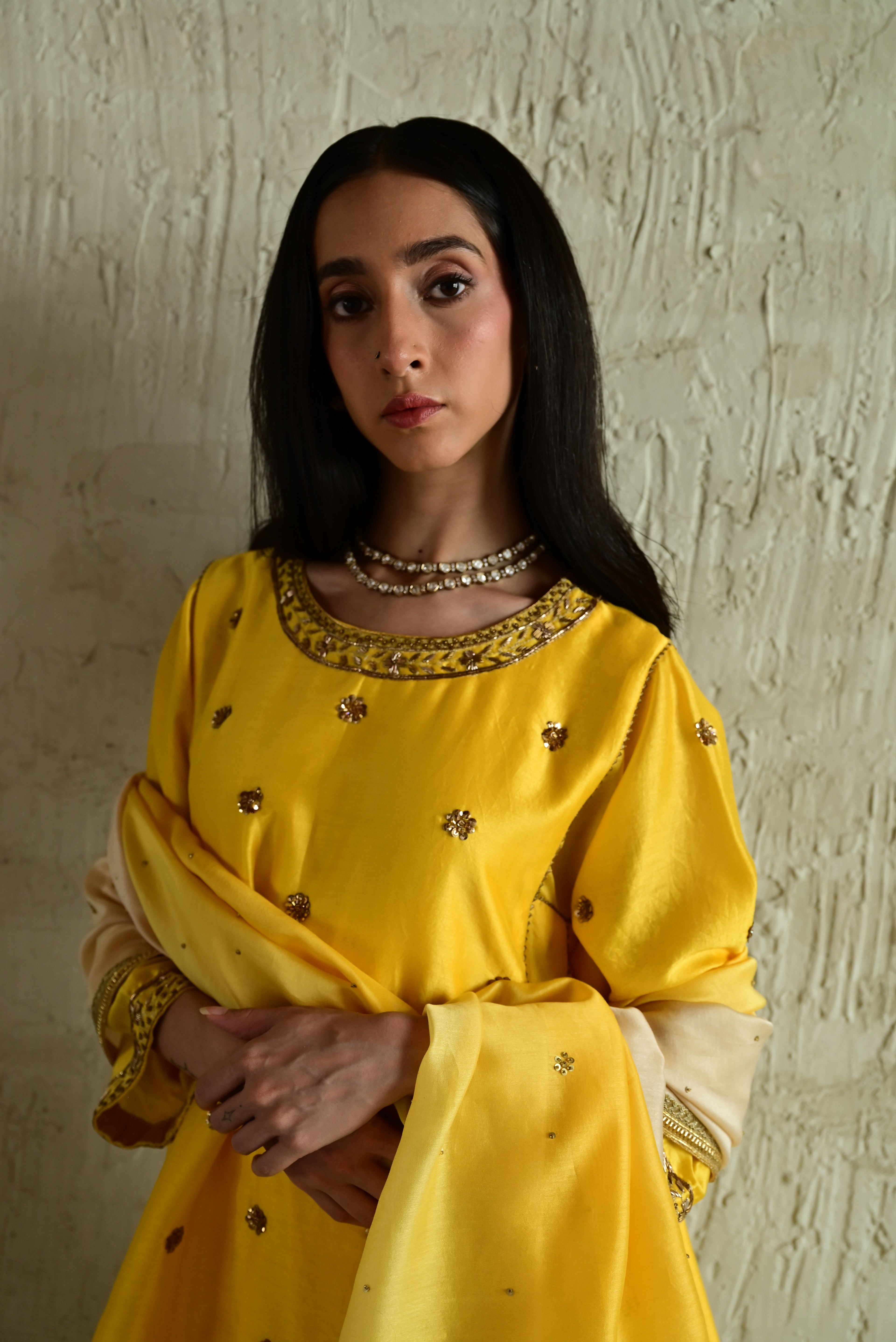 Padma Mini Choga in Yellow Chanderi with Pakhi Salwar