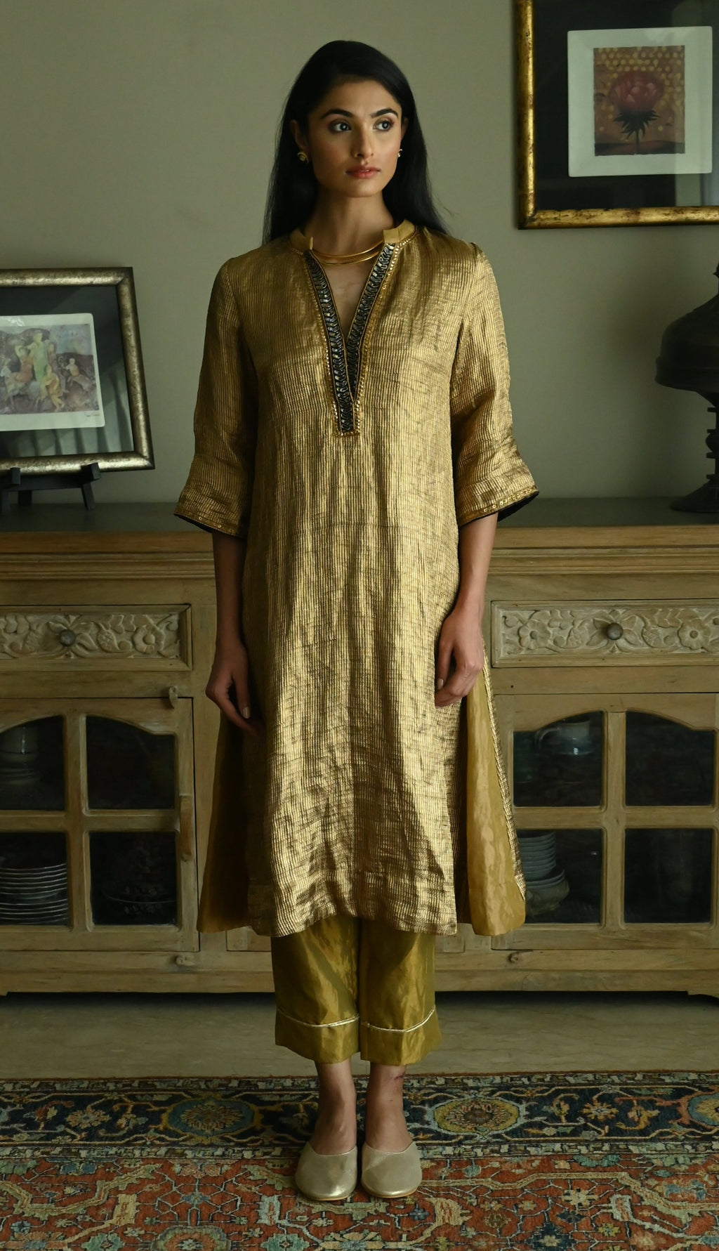 Maxi Kurta in Vintage Gold Brocade Tissue with Gold Tissue Pant