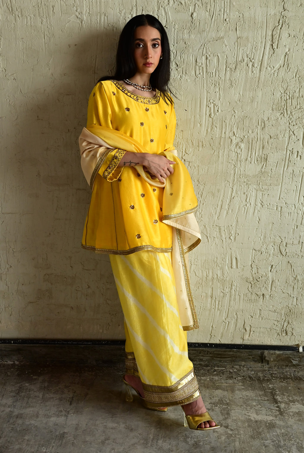 Padma Mini Choga in Yellow Chanderi with Pakhi Salwar