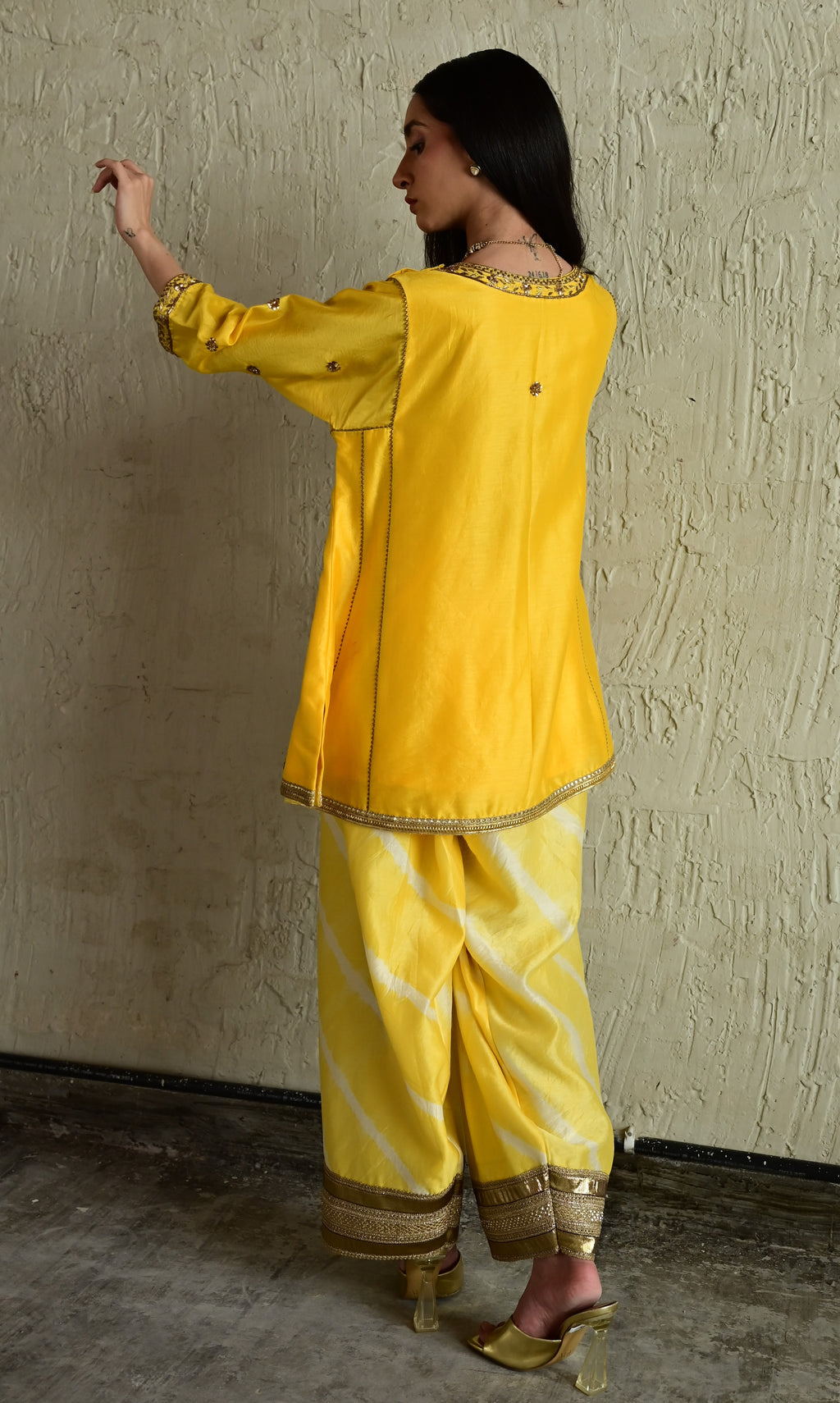 Padma Mini Choga in Yellow Chanderi with Pakhi Salwar