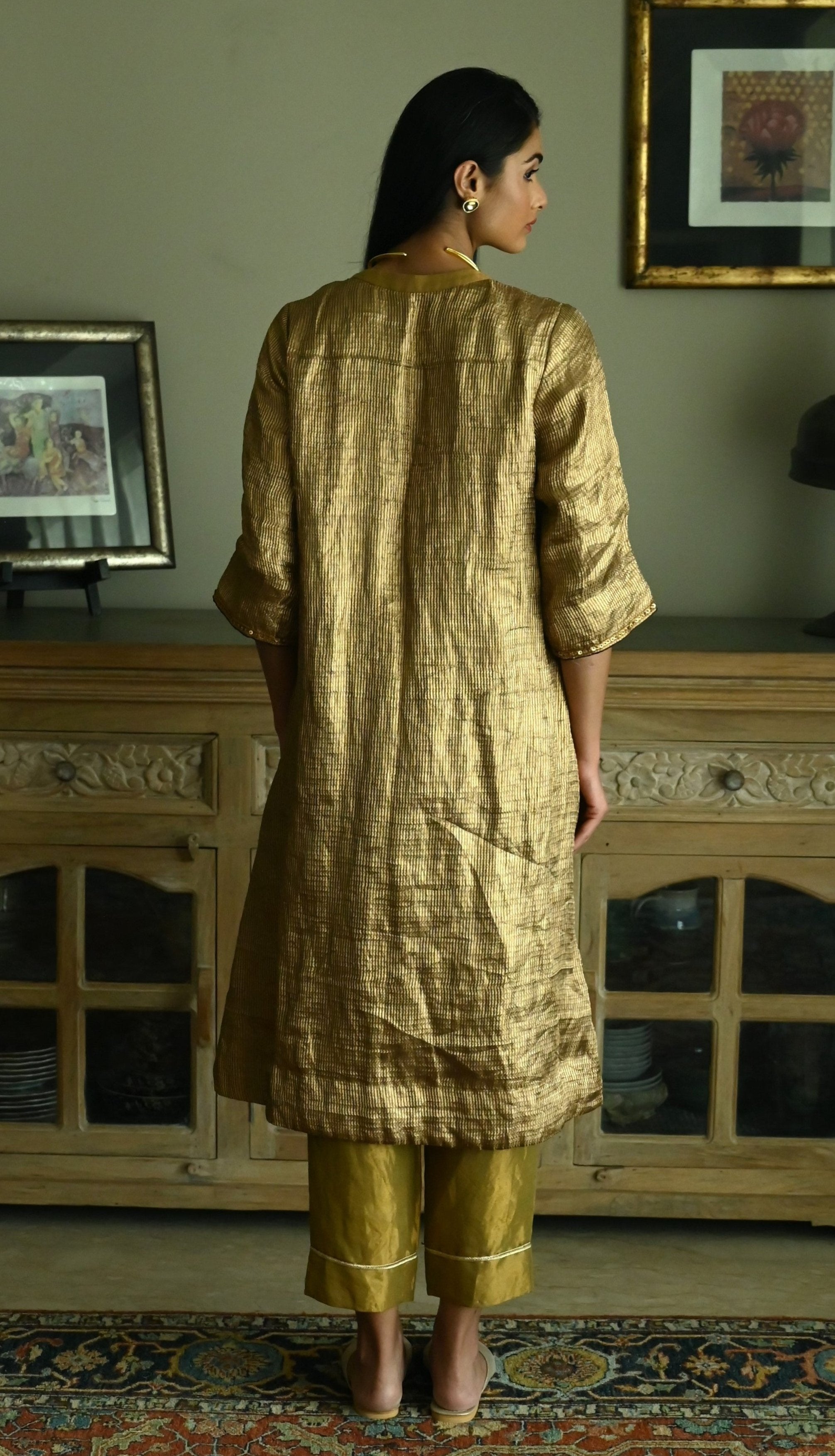 Maxi Kurta in Vintage Gold Brocade Tissue with Gold Tissue Pant