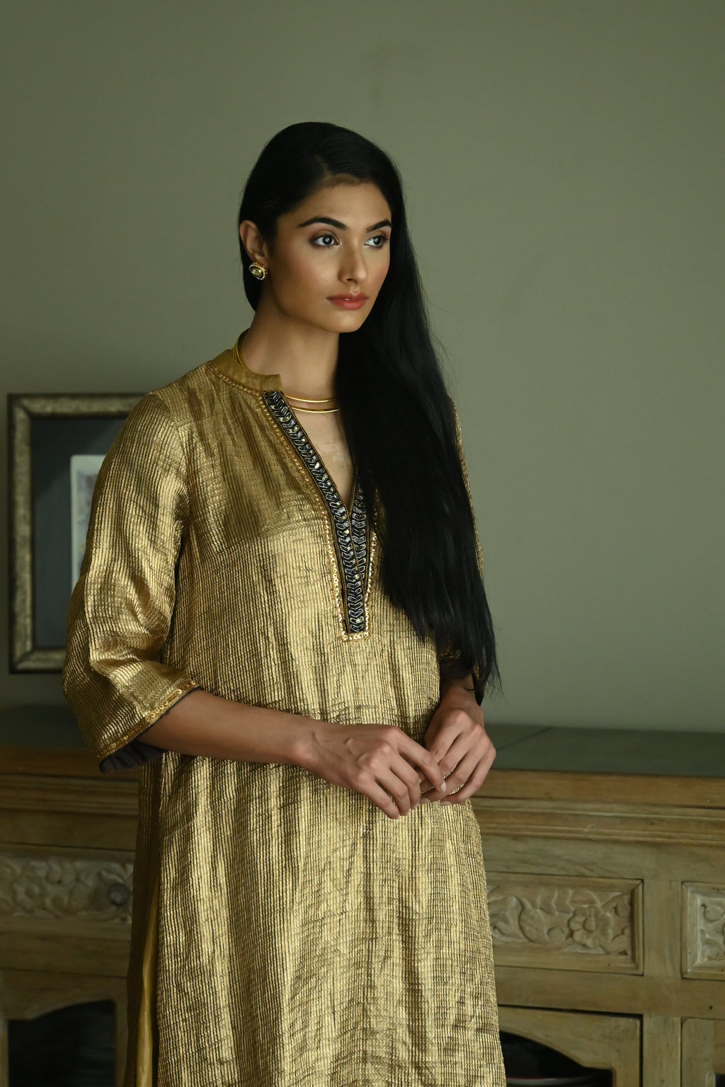 Maxi Kurta in Vintage Gold Brocade Tissue with Gold Tissue Pant