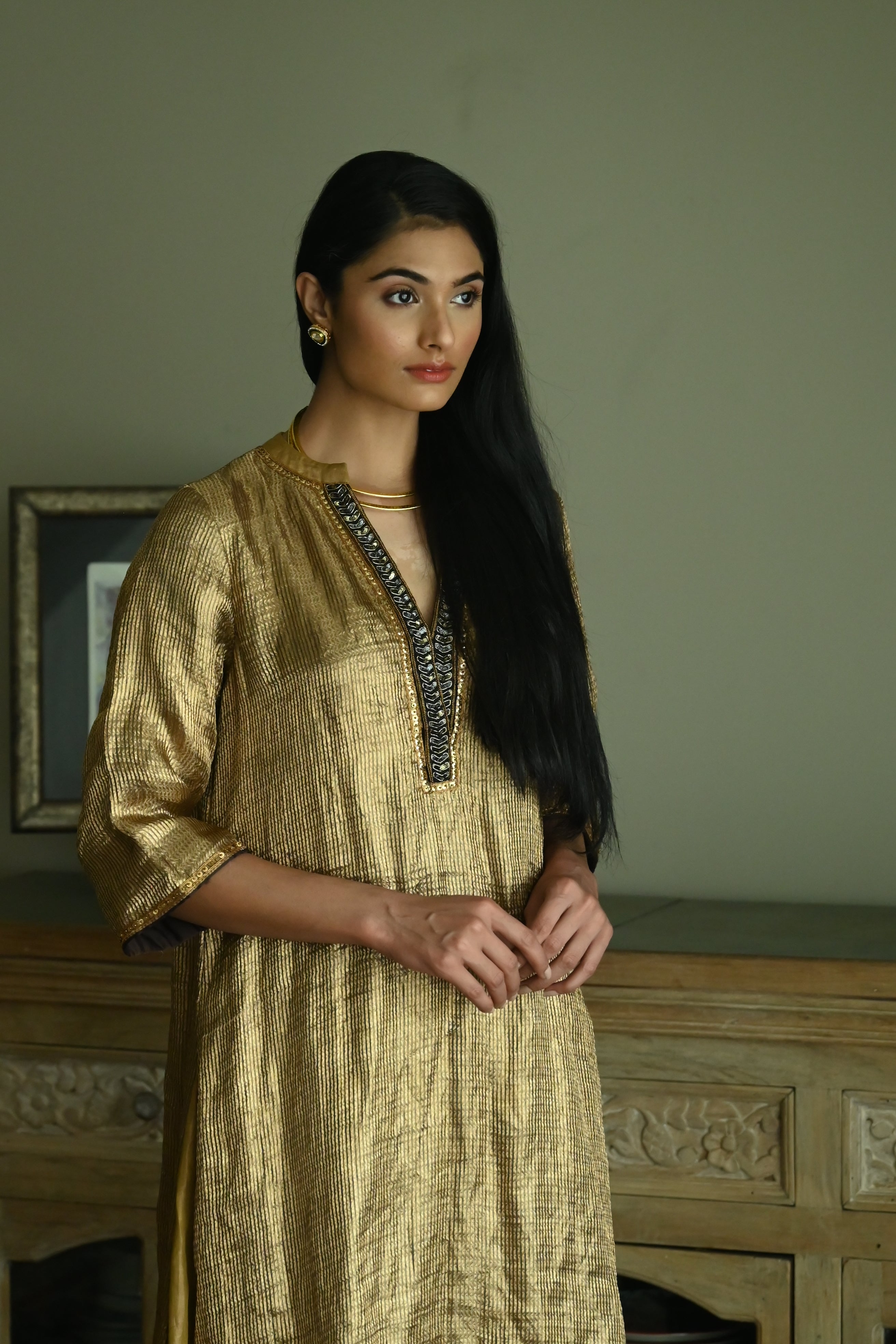 Maxi Kurta in Vintage Gold Brocade Tissue with Gold Tissue Pant