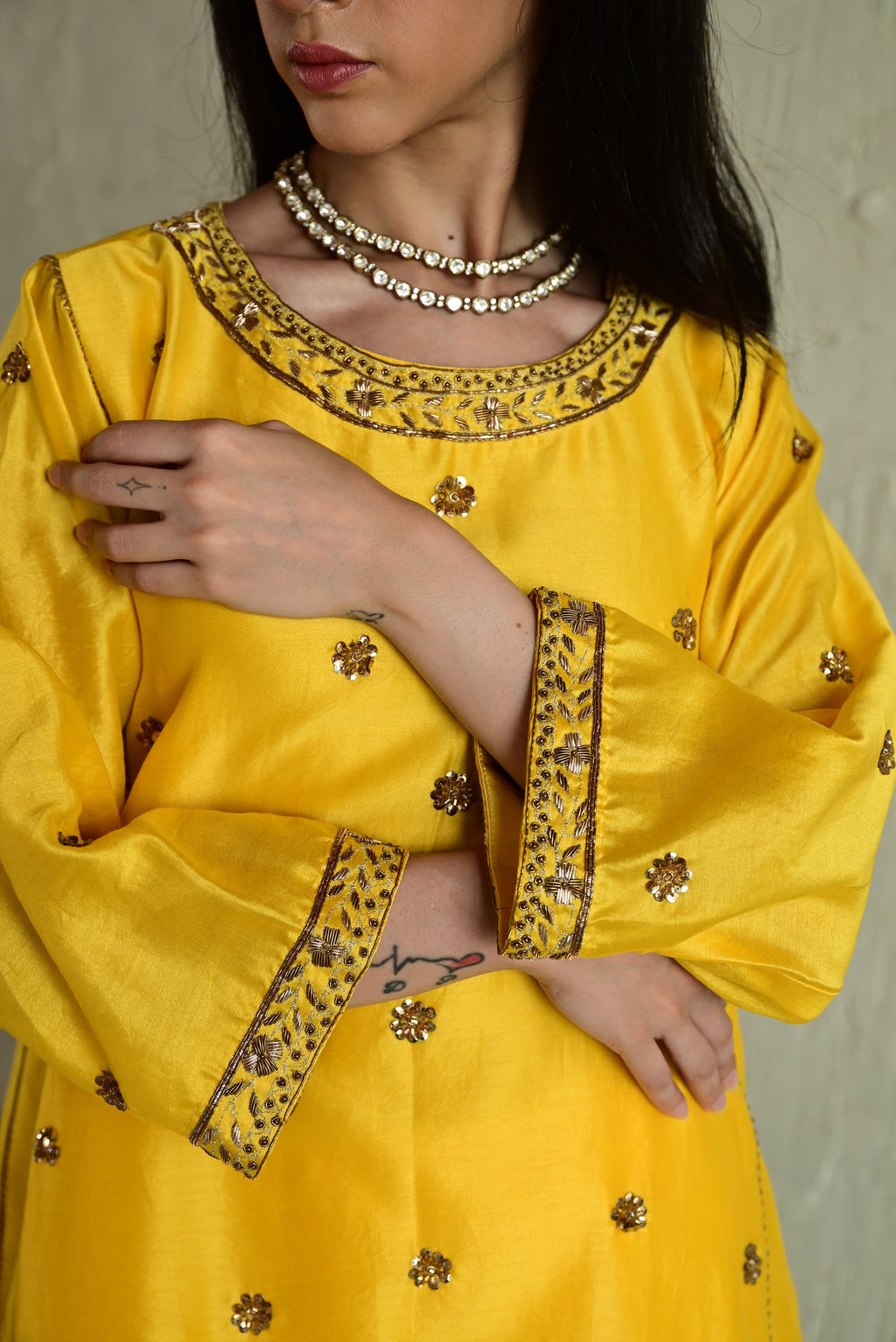 Padma Mini Choga in Yellow Chanderi with Pakhi Salwar