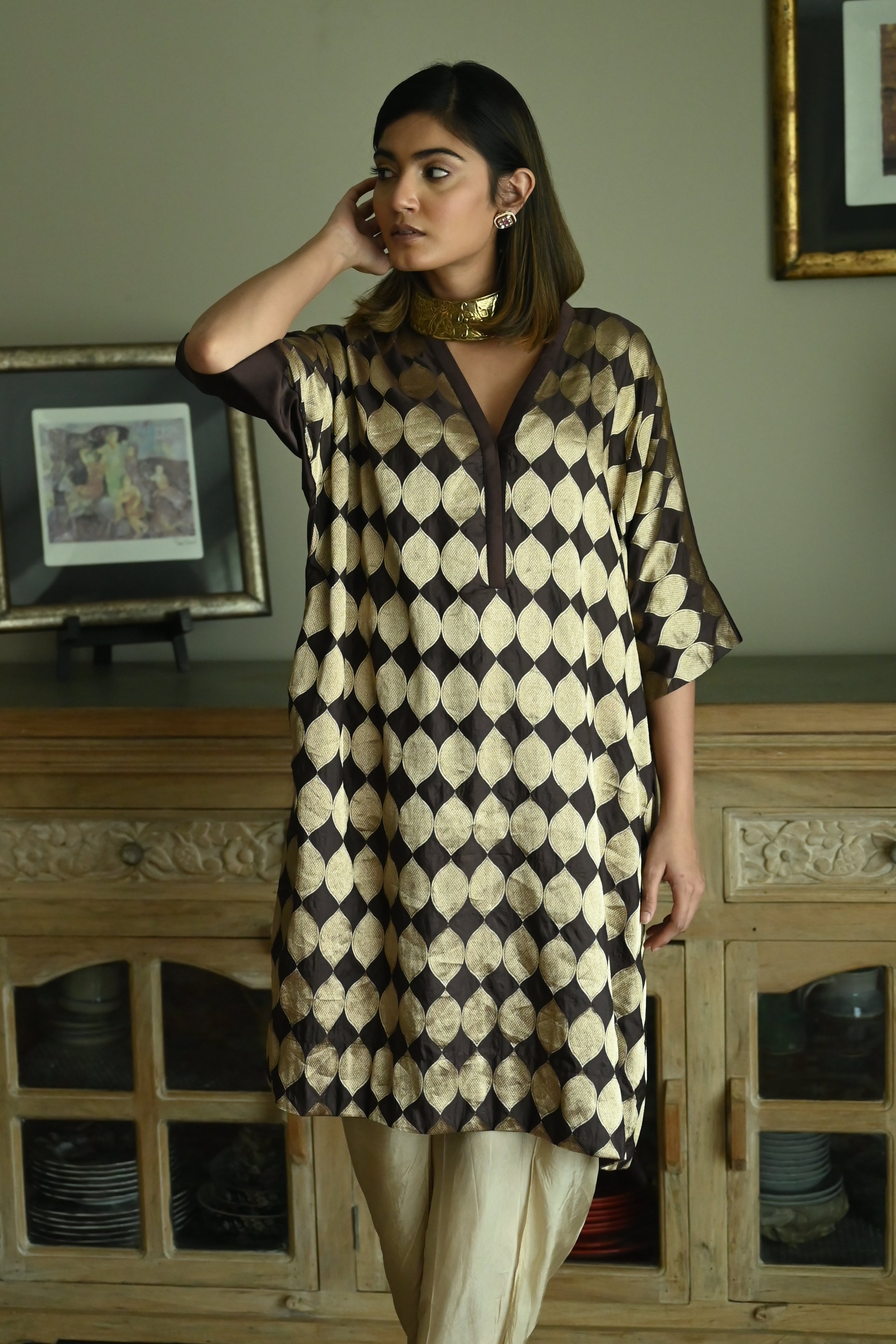 Shahi Kaftan in Brown Brocade with Chai Beige Nandini Dhoti