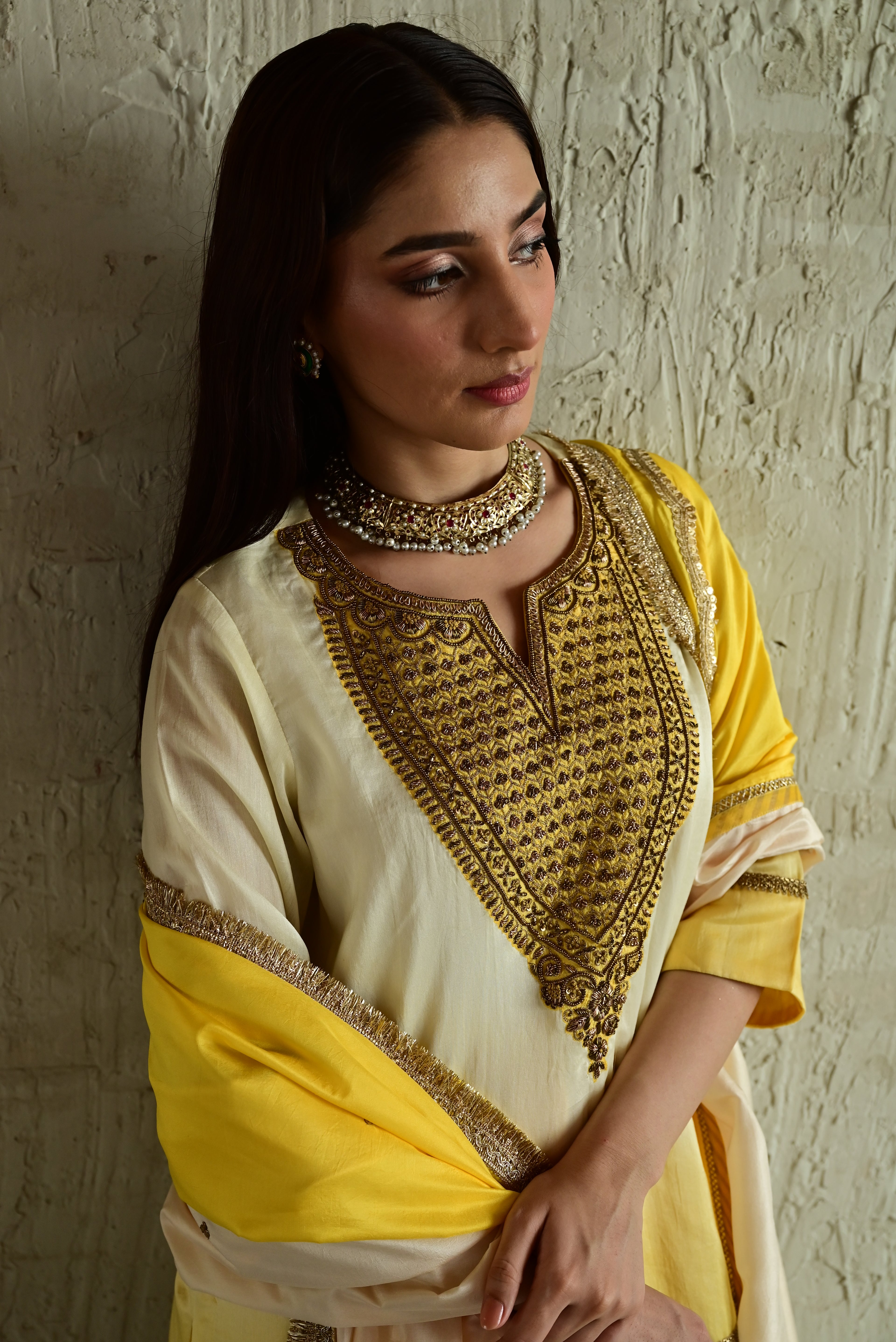Ghevar Kurta in Yellow ombre with Ombre Organza Sharara