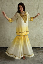 Ghevar Kurta in Yellow ombre with Ombre Organza Sharara