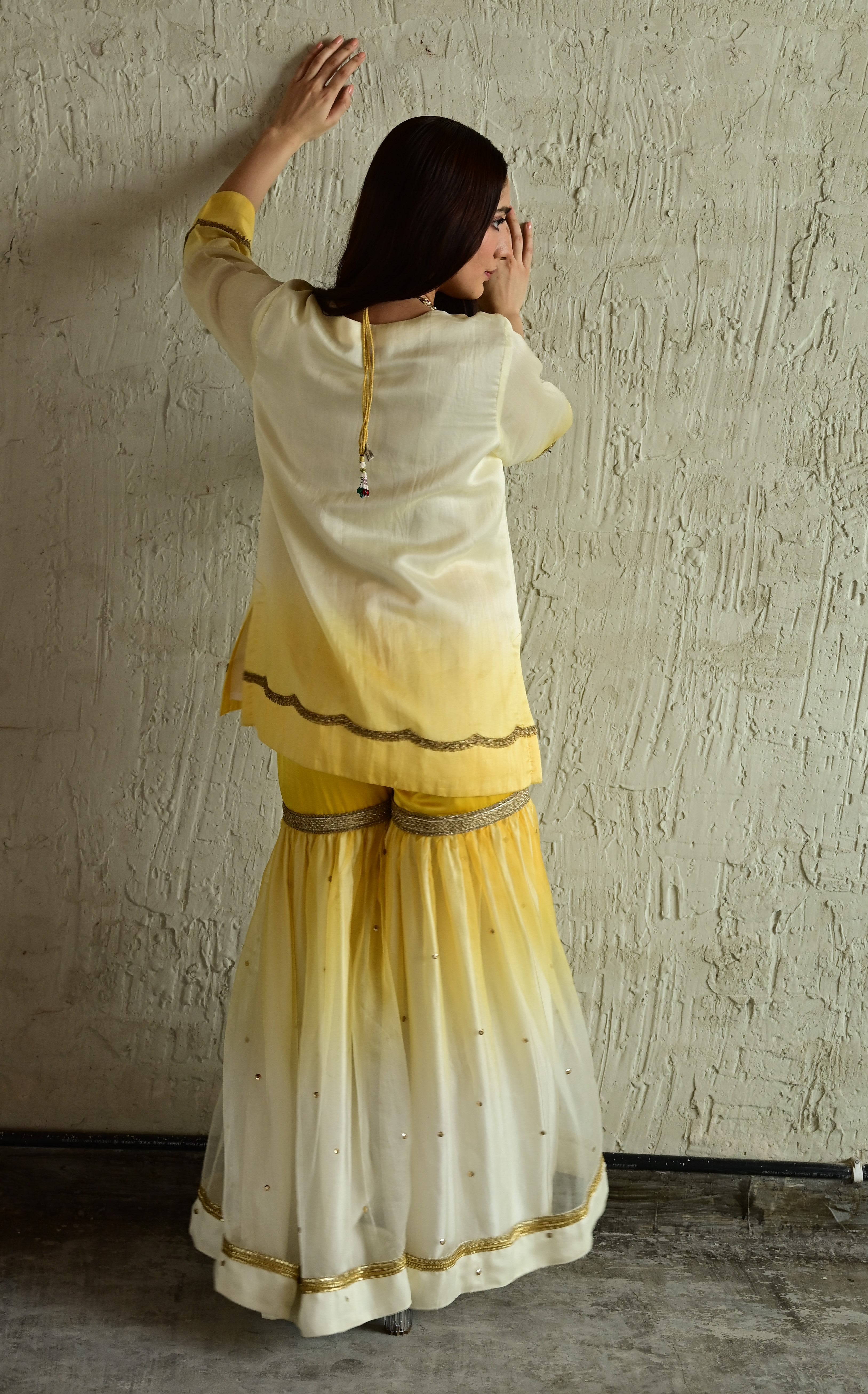 Ghevar Kurta in Yellow ombre with Ombre Organza Sharara
