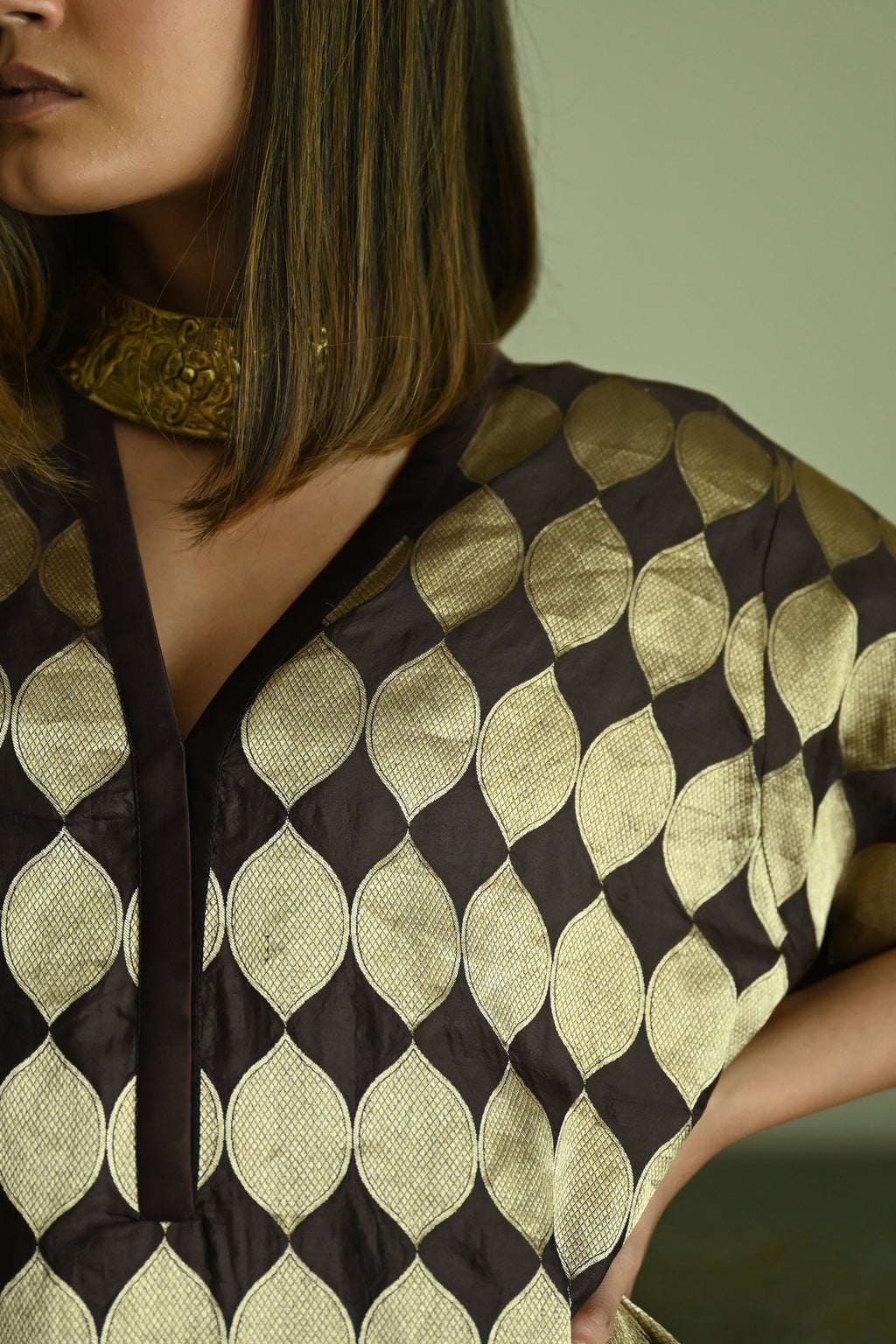 Shahi Kaftan in Brown Brocade with Chai Beige Nandini Dhoti