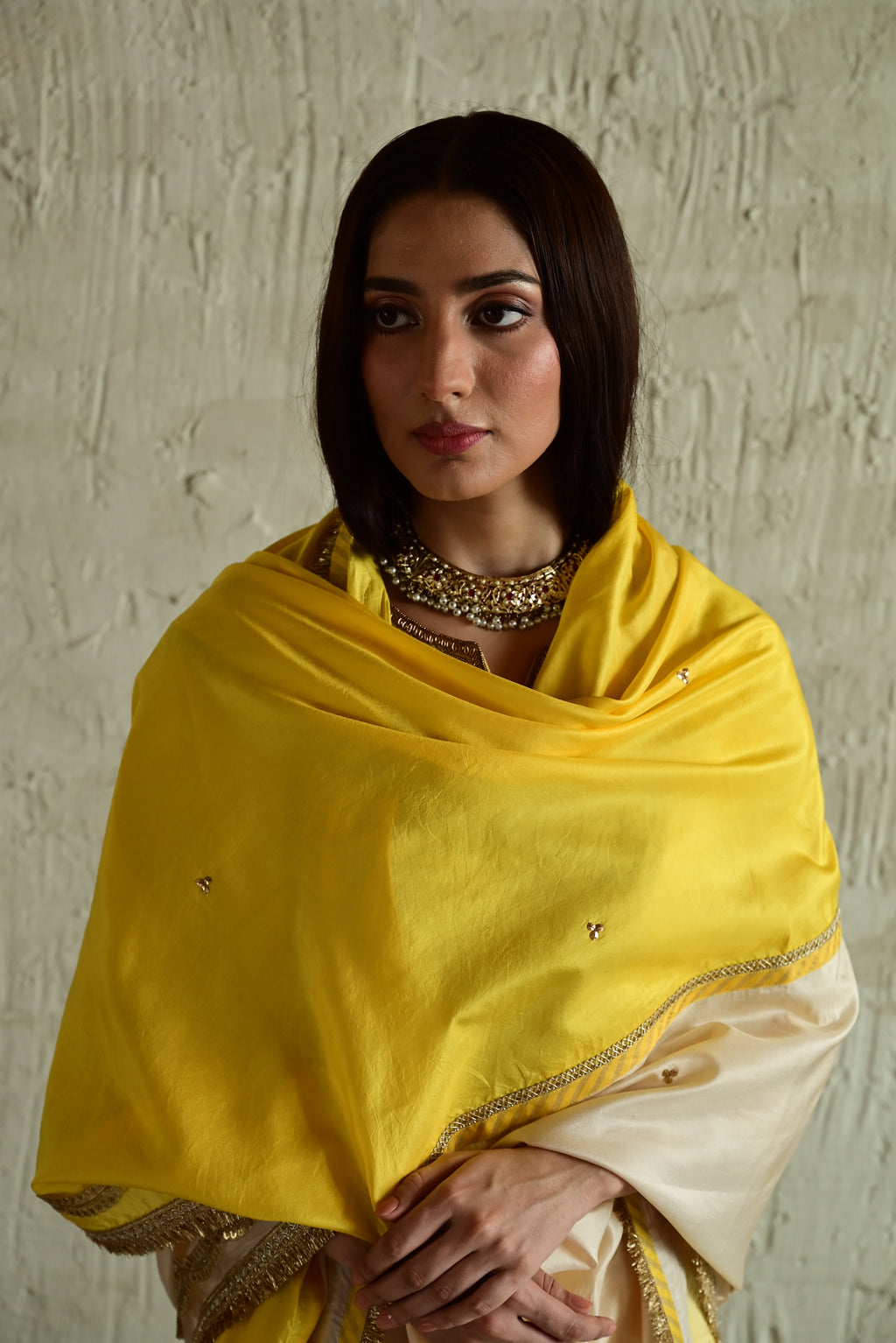 Aadha Aadha Dupatta in Yellow and Ivory Silk