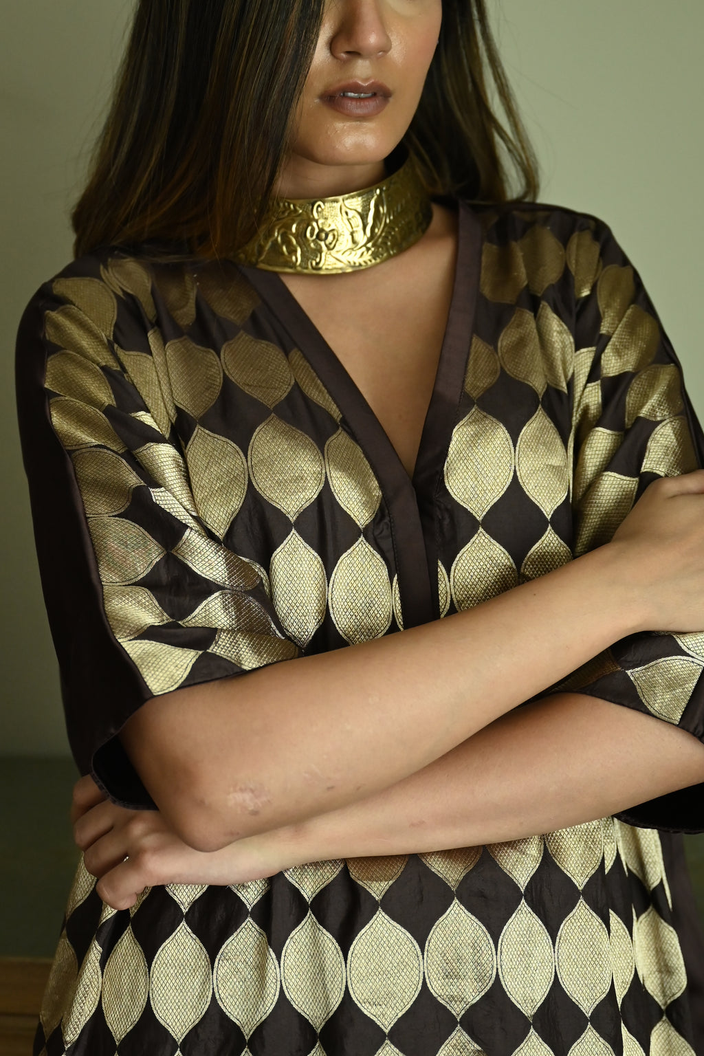 Shahi Kaftan in Brown Brocade with Chai Beige Nandini Dhoti