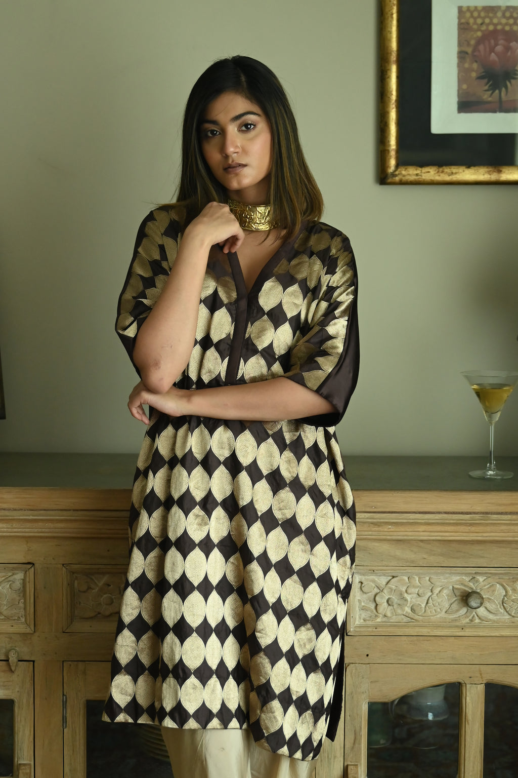 Shahi Kaftan in Brown Brocade with Chai Beige Nandini Dhoti