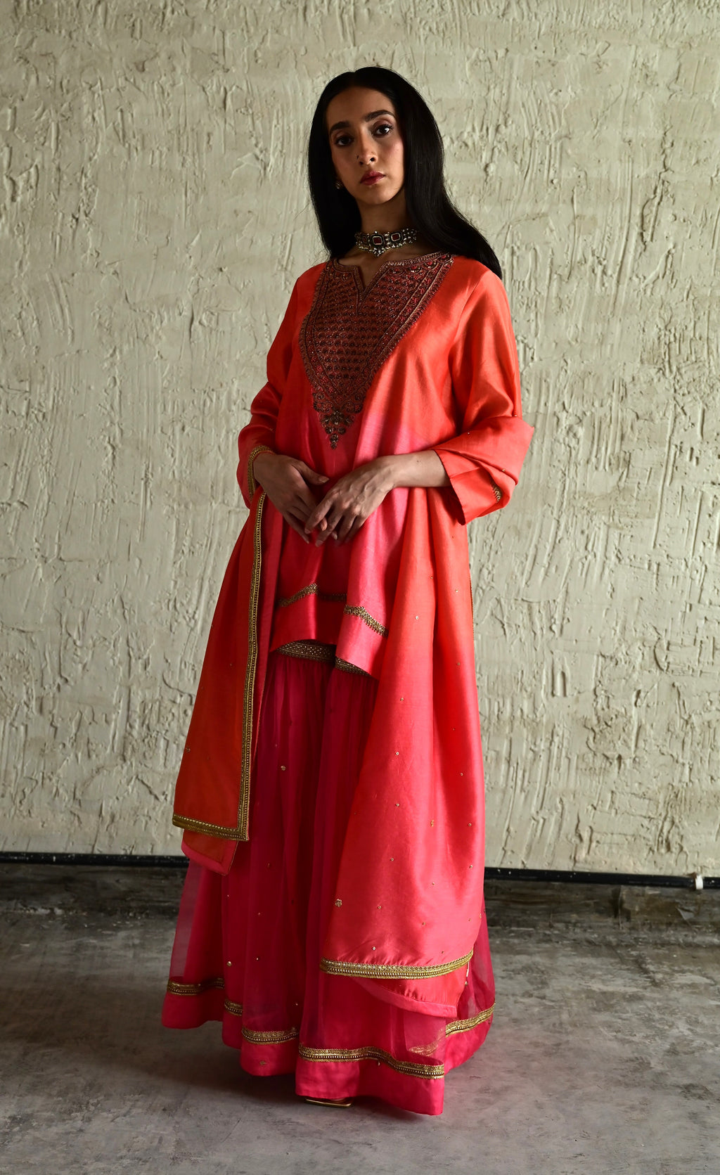 Ghevar Kurta in Pink ombre  with Ombre Sharara