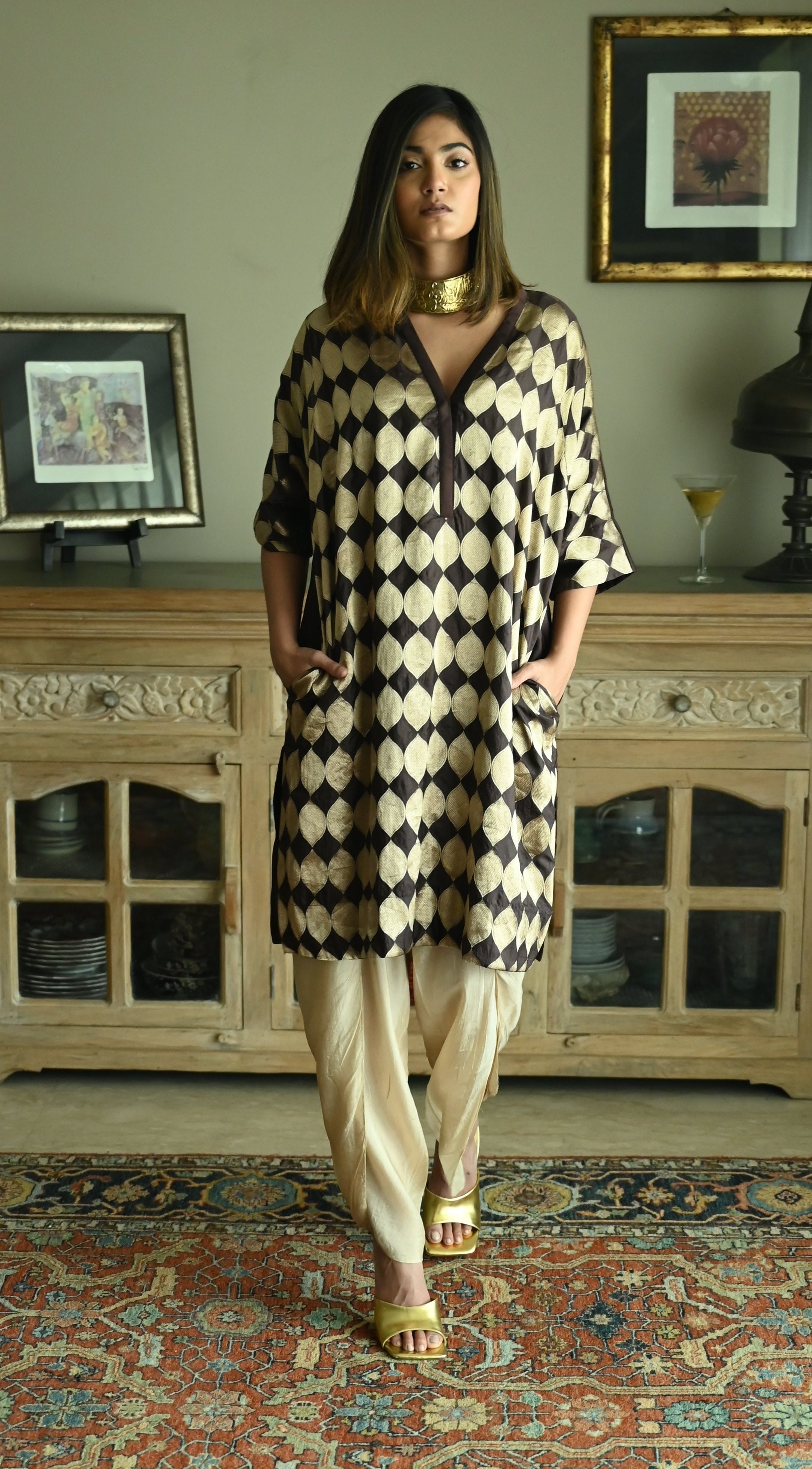 Shahi Kaftan in Brown Brocade with Chai Beige Nandini Dhoti