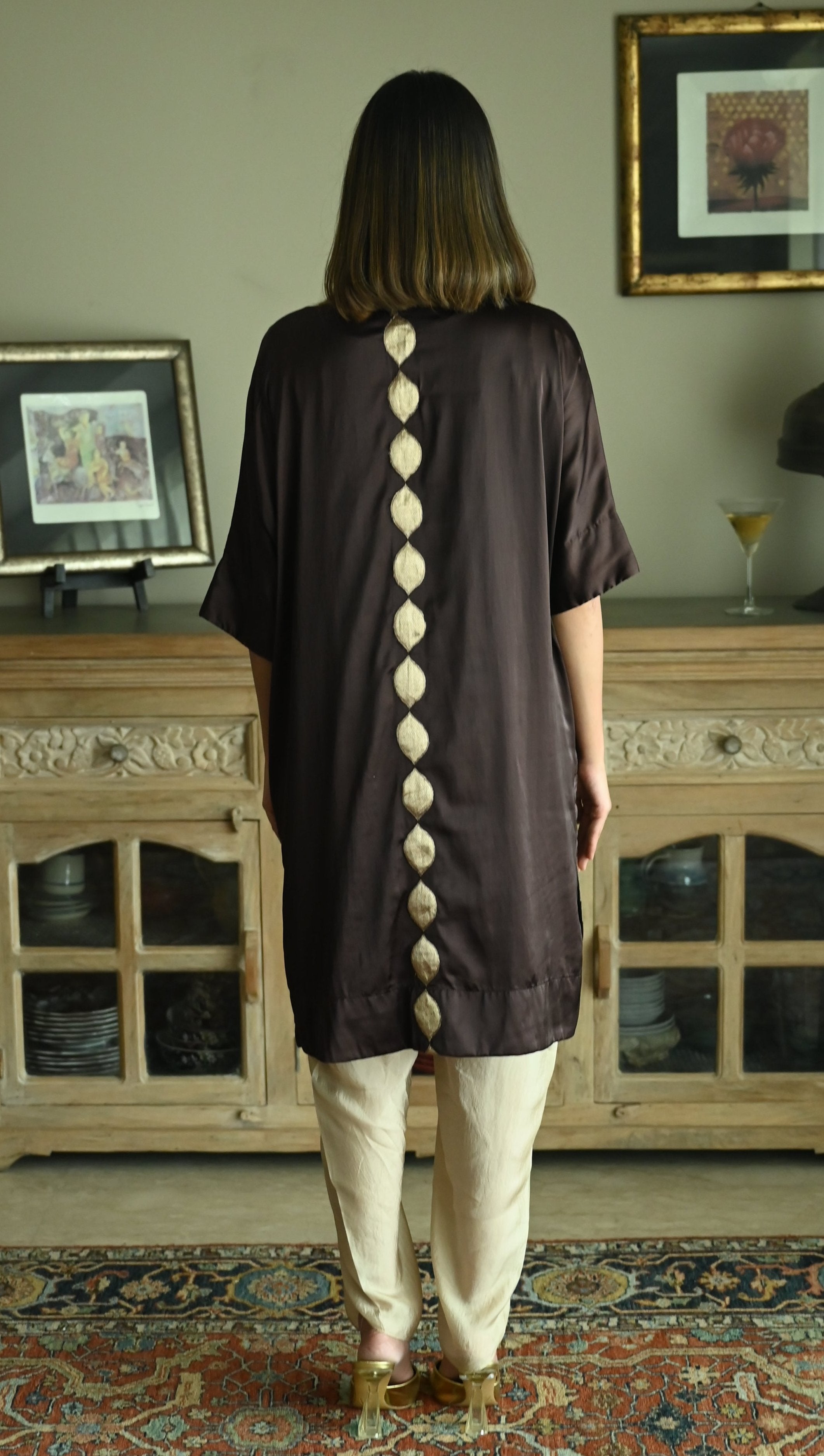 Shahi Kaftan in Brown Brocade with Chai Beige Nandini Dhoti