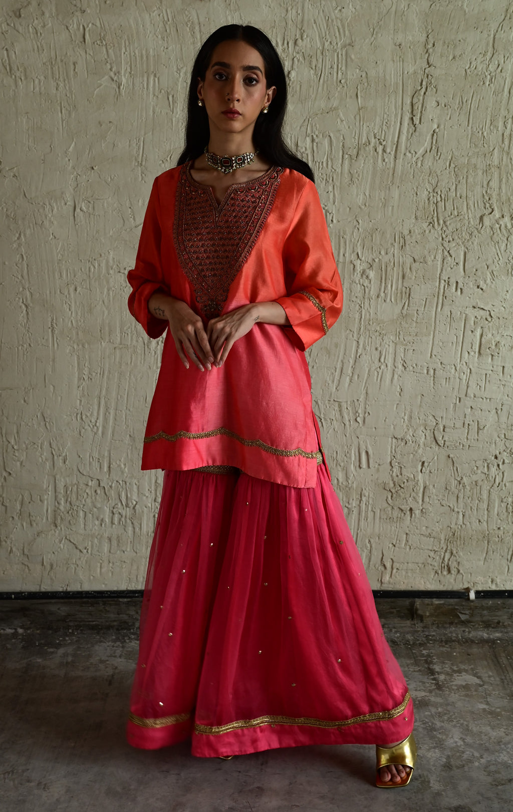Ghevar Kurta in Pink ombre  with Ombre Sharara