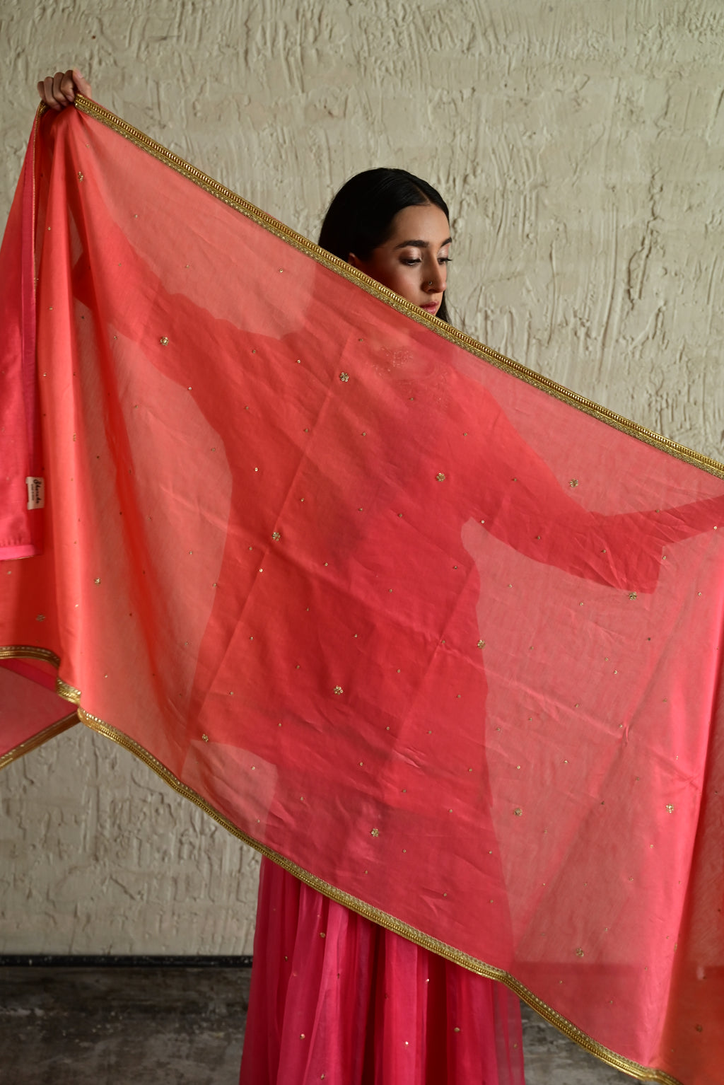Ghevar ombre Dupatta in Coral Pink  Chanderi