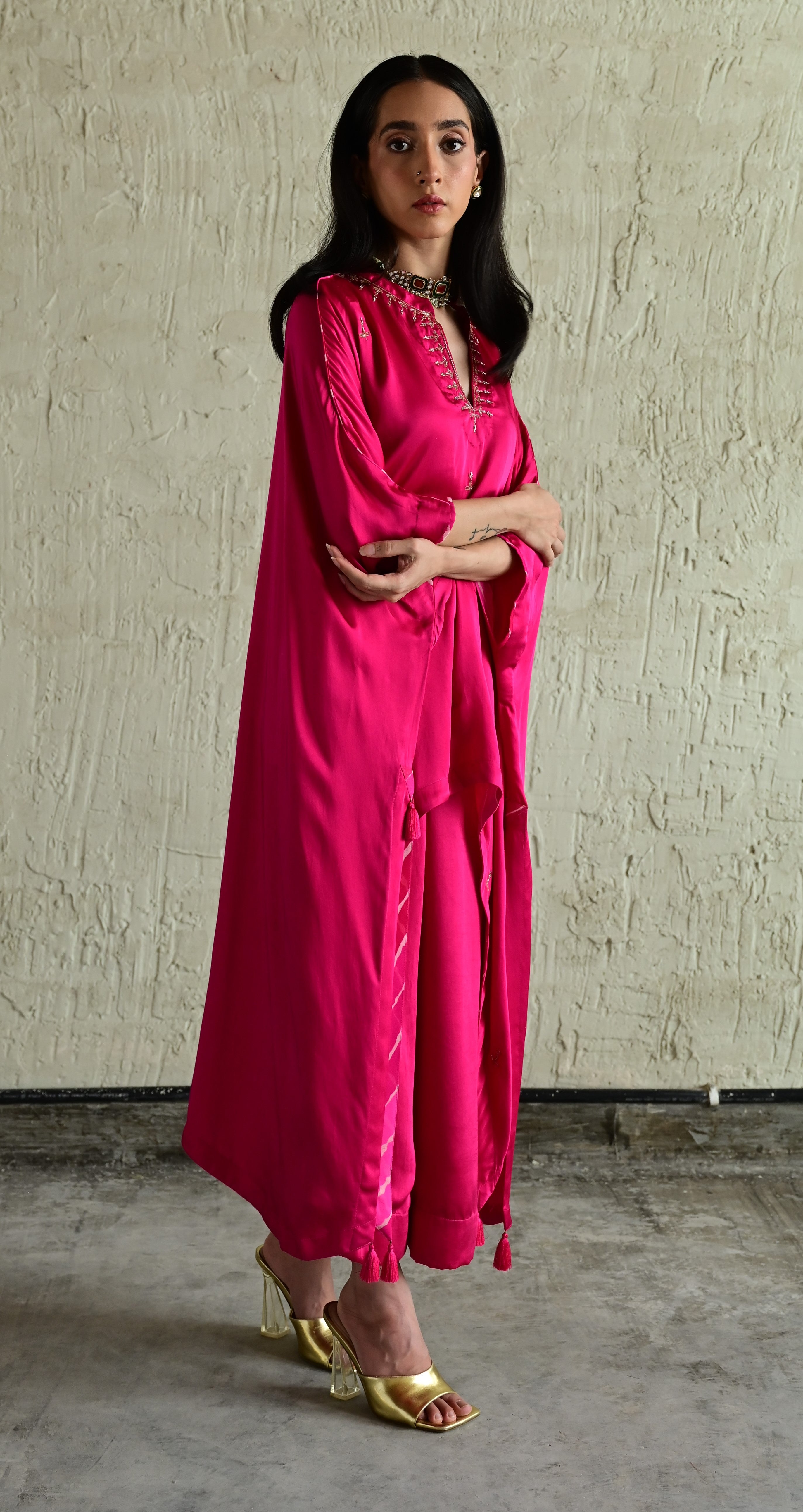 Shazia Oonch Neech Kaftan in Hot Pink silk with Flared Pant in Hot Pink Sil