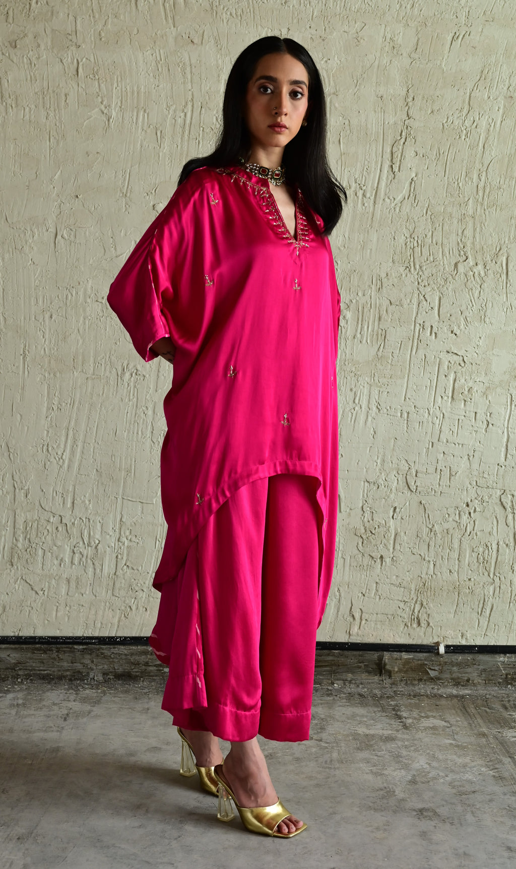 Shazia Oonch Neech Kaftan in Hot Pink silk with Flared Pant in Hot Pink Sil