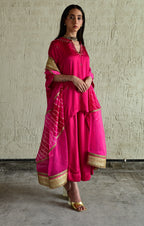 Shazia Oonch Neech Kaftan in Hot Pink silk with Flared Pant in Hot Pink Sil
