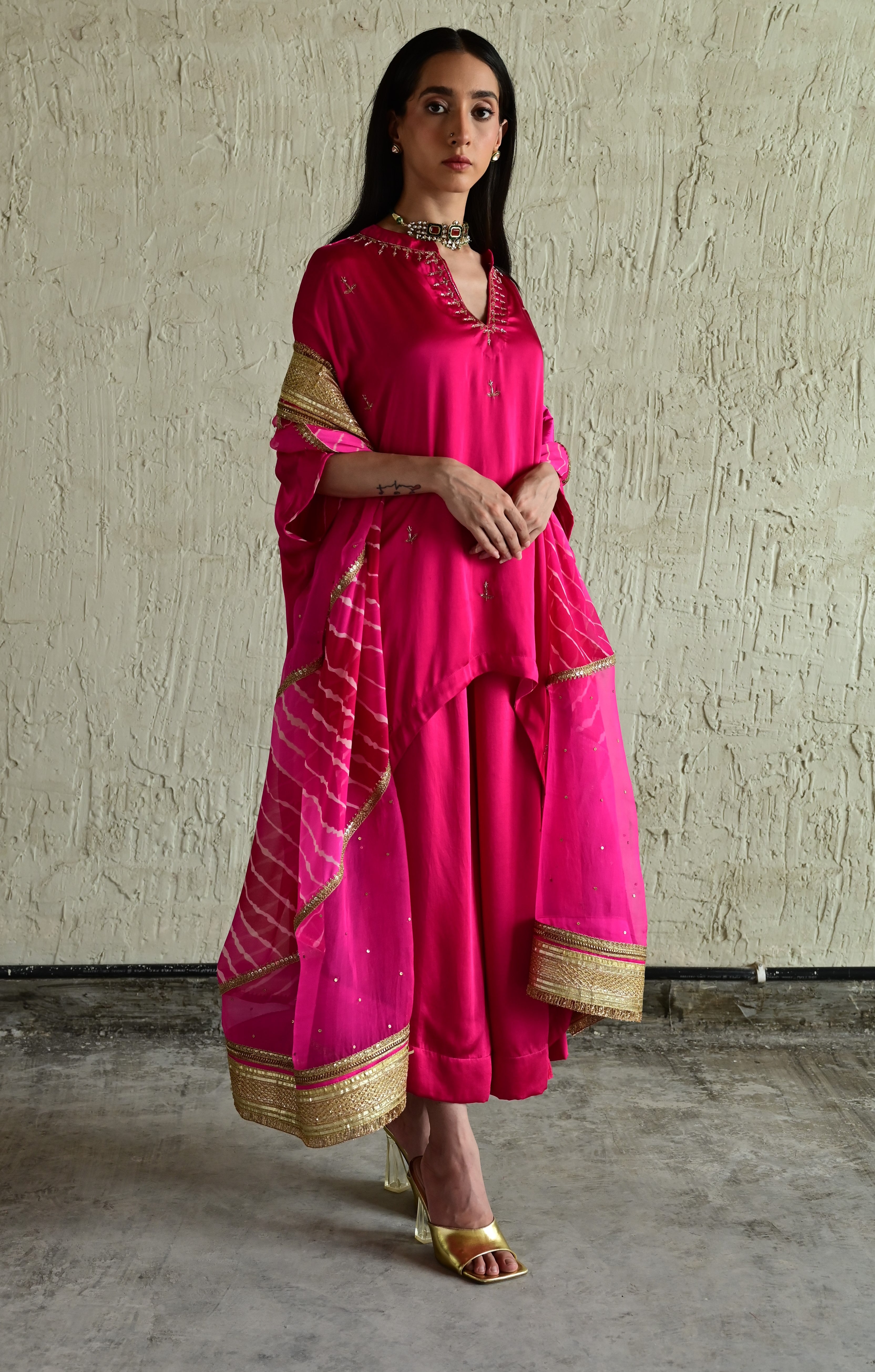 Shazia Oonch Neech Kaftan in Hot Pink silk with Flared Pant in Hot Pink Sil