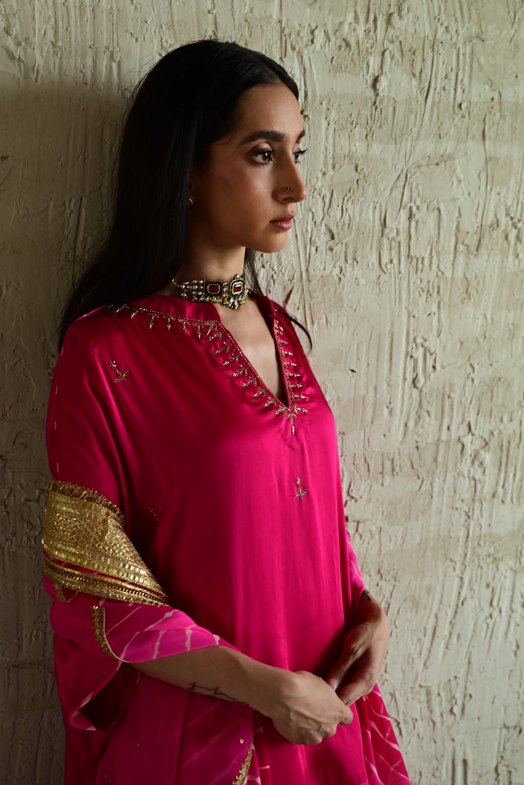 Shazia Oonch Neech Kaftan in Hot Pink silk with Flared Pant in Hot Pink Sil