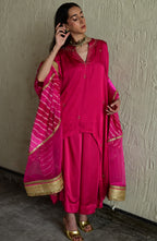 Shazia Oonch Neech Kaftan in Hot Pink silk with Flared Pant in Hot Pink Sil