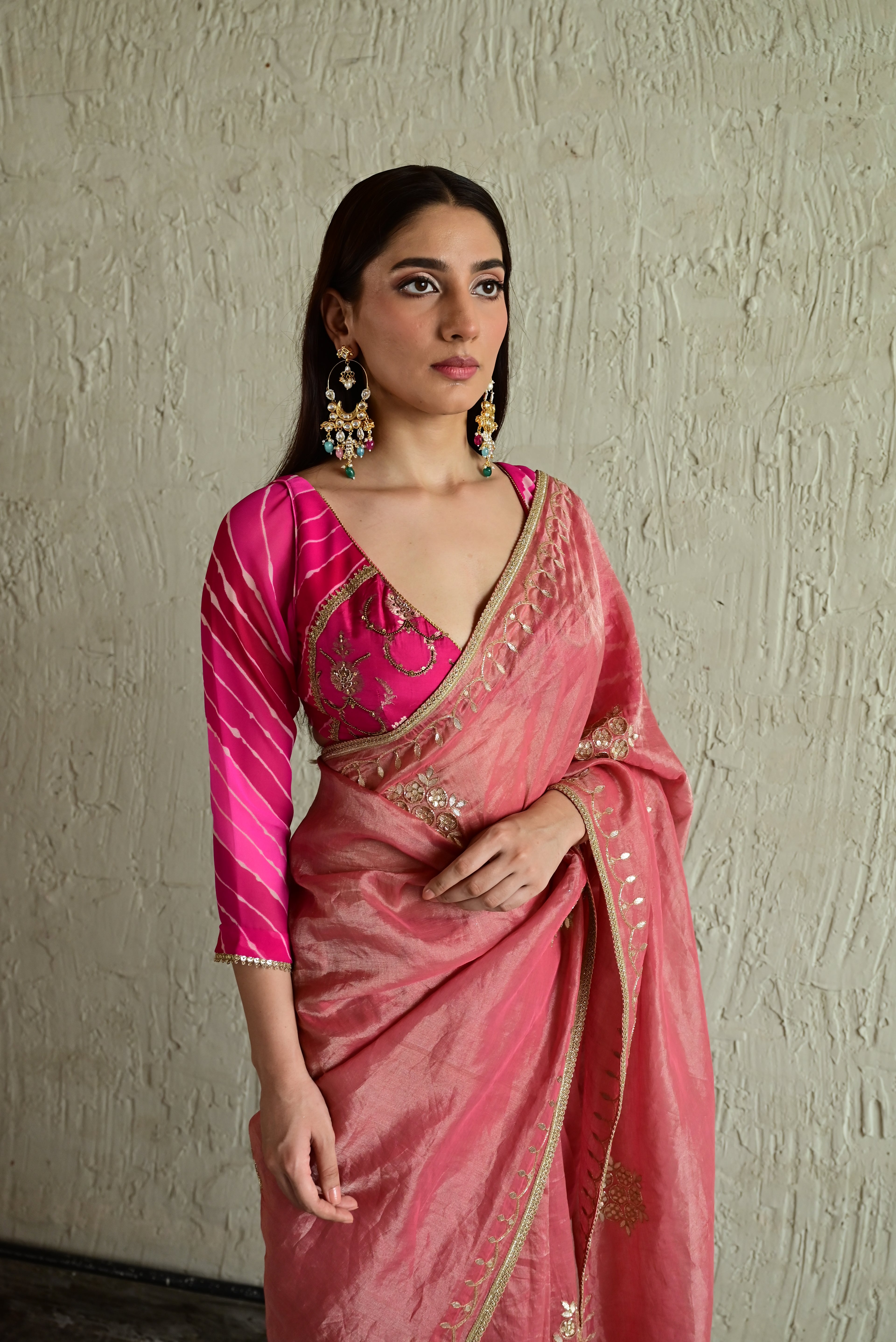 Madhuri Choli in Pink Brocade and Leheriya Georgette