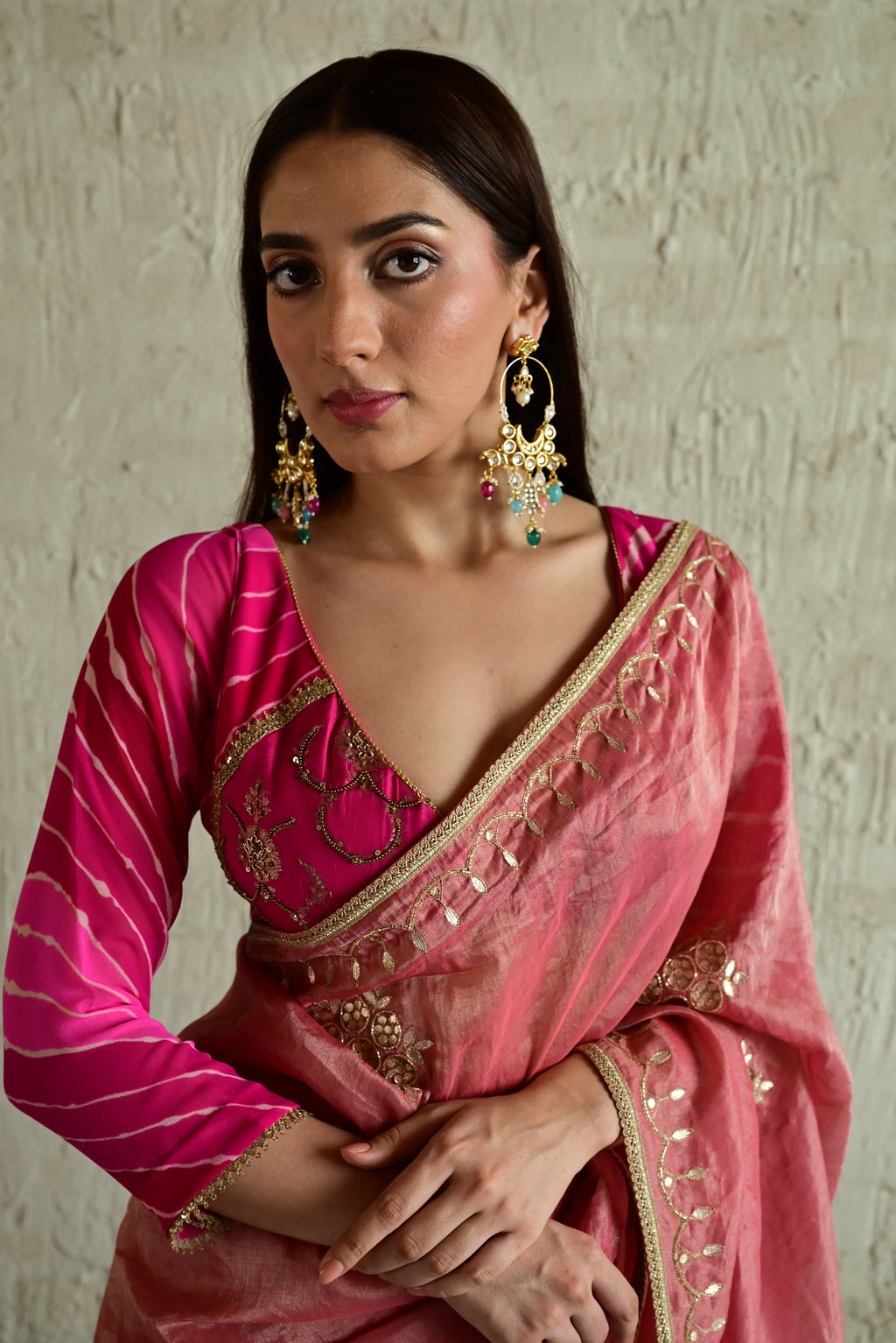 Madhuri Choli in Pink Brocade and Leheriya Georgette