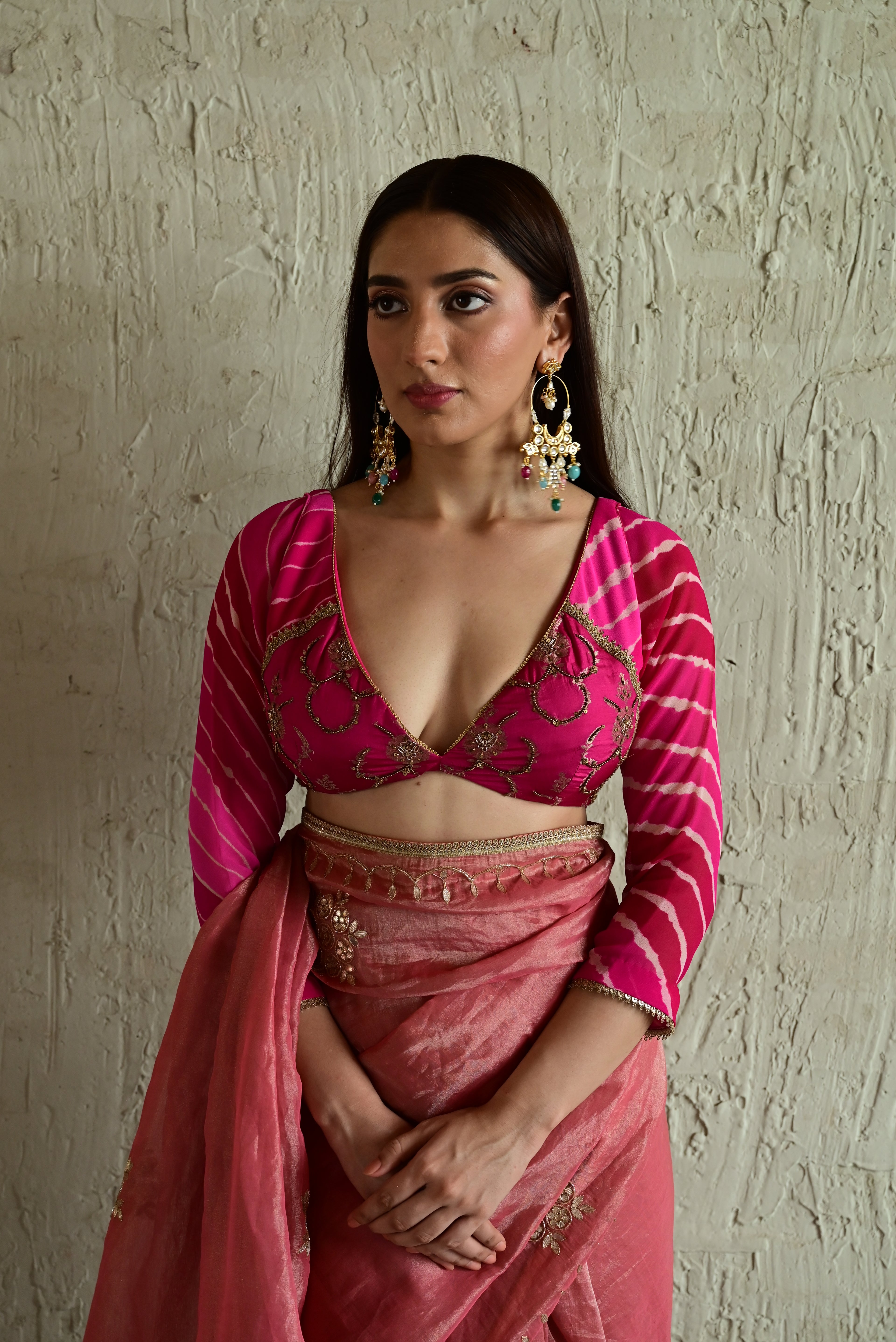 Madhuri Choli in Pink Brocade and Leheriya Georgette