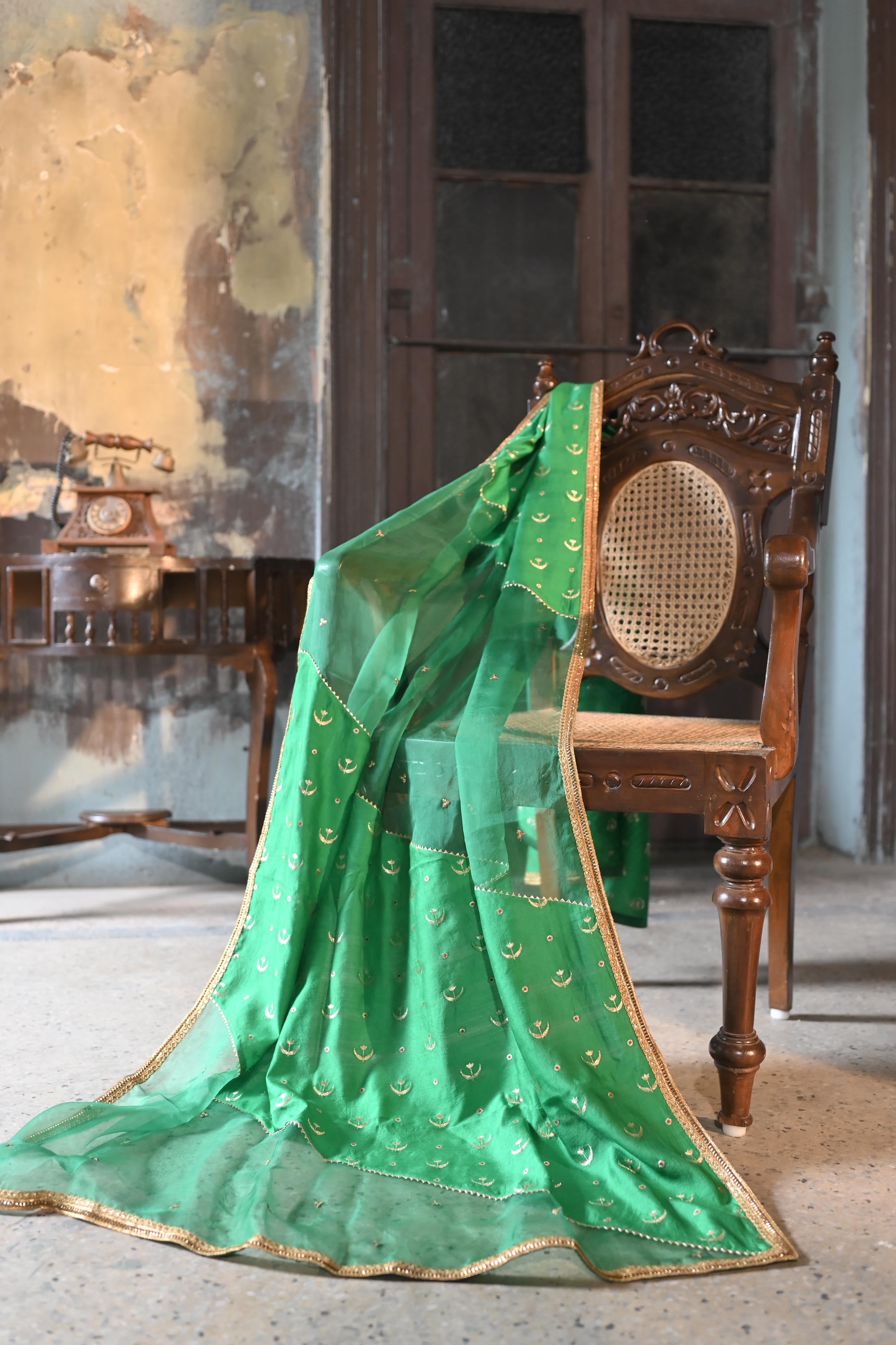 Jalsa Diagonal Dupatta in Green Organza and Brocade