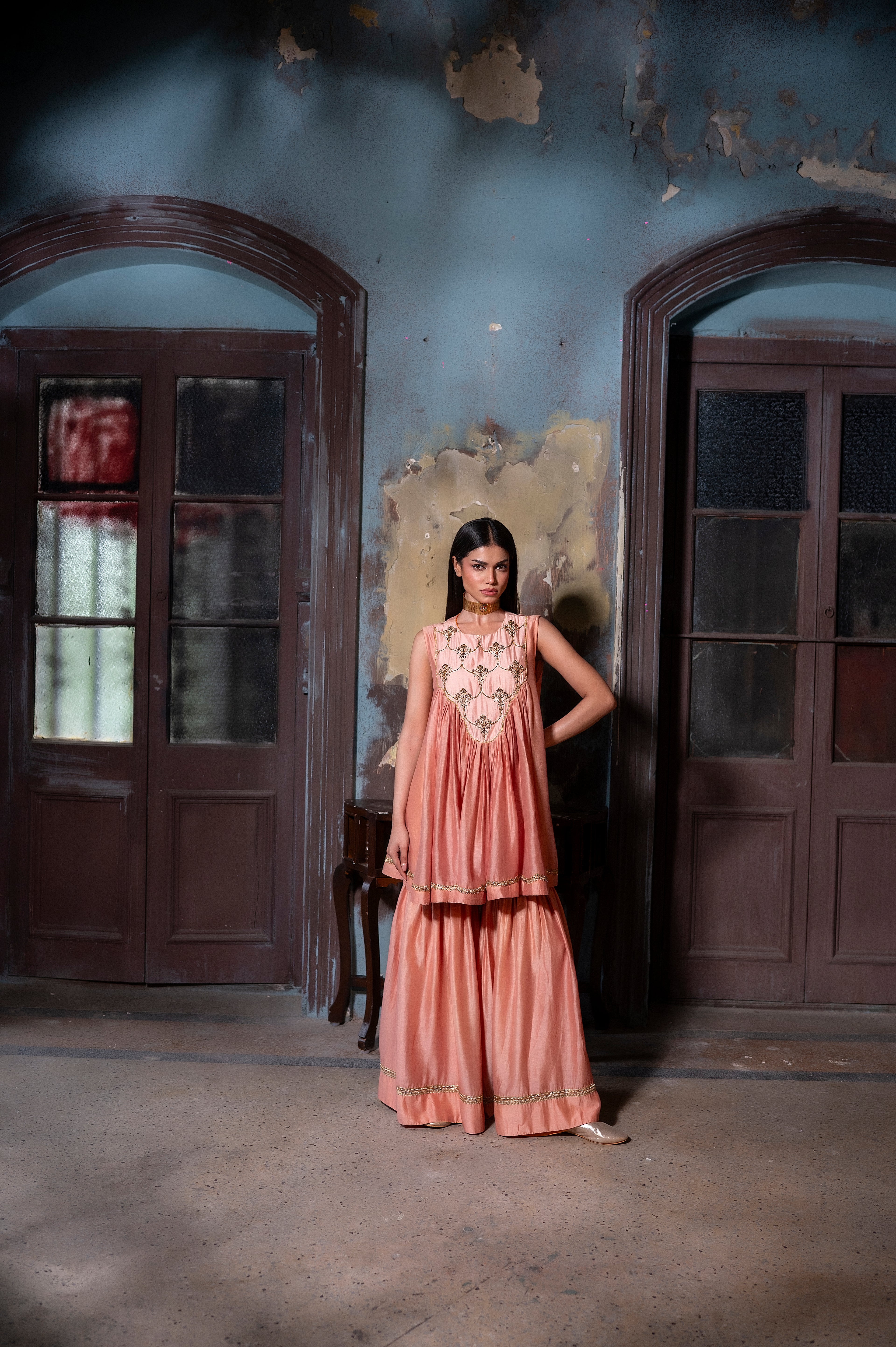 Short Vani in Dusty Pink chanderi with Dusty Pink Chanderi Sharara