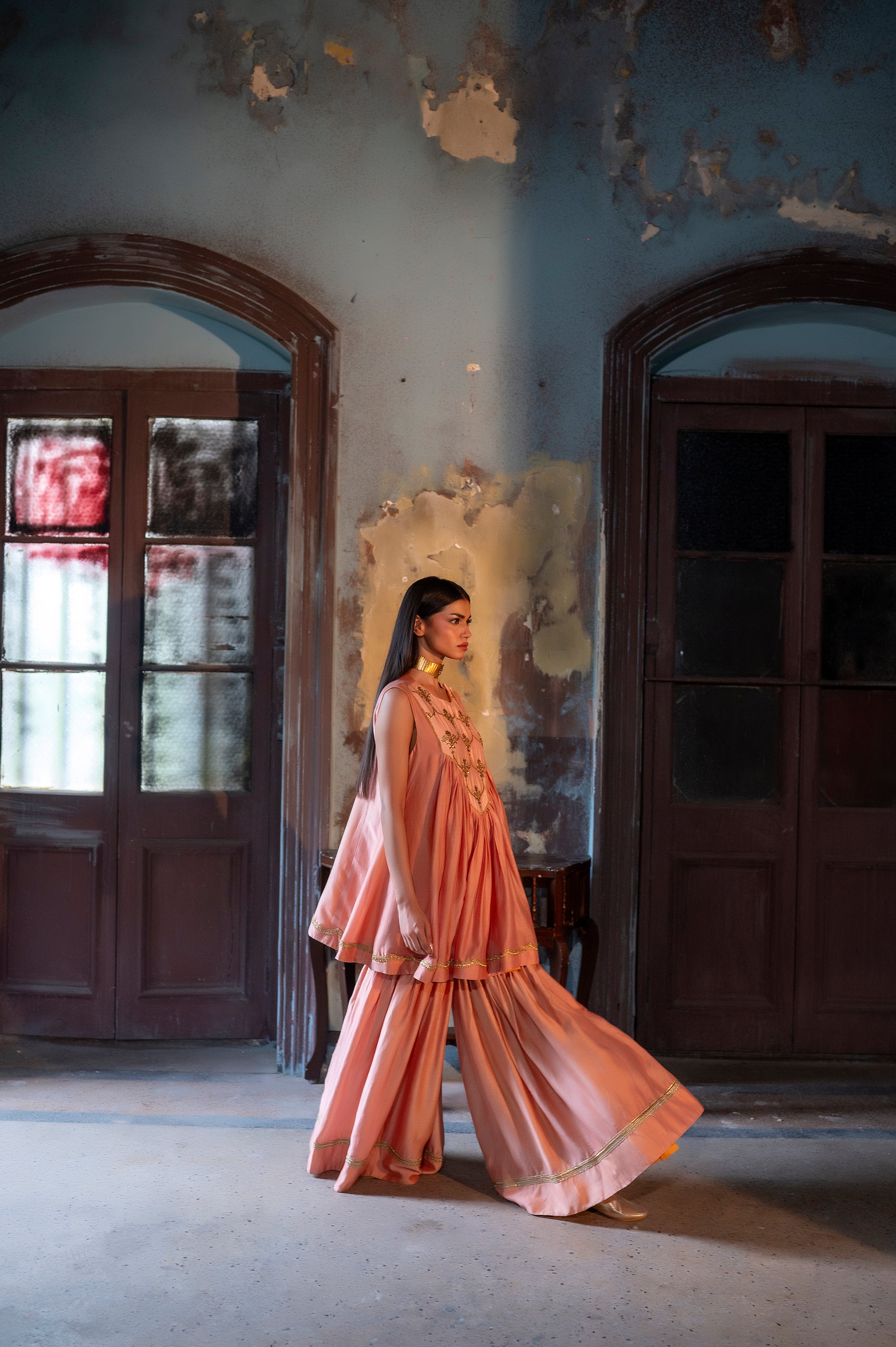 Short Vani in Dusty Pink chanderi with Dusty Pink Chanderi Sharara