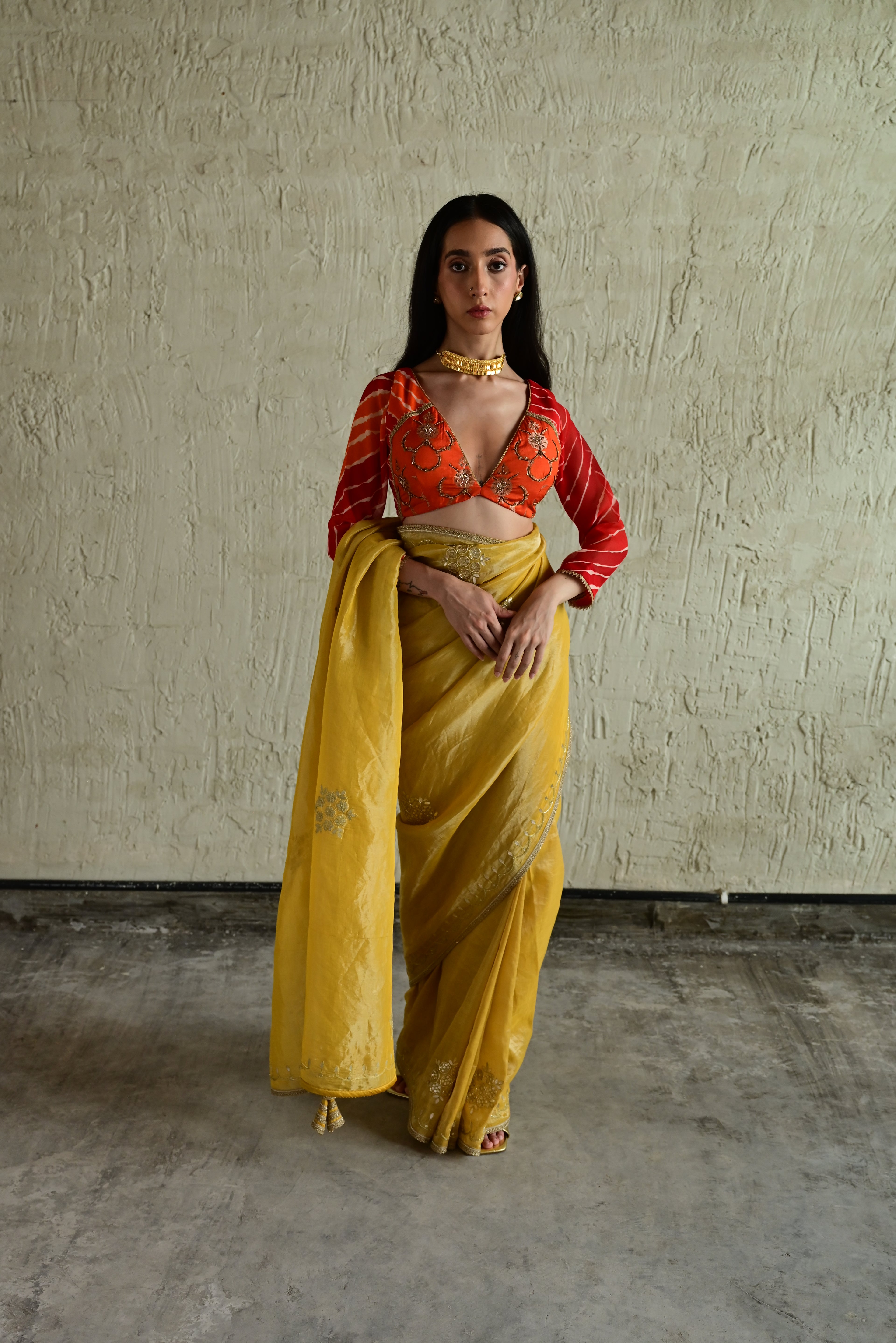 Madhuri Choli in Orange Brocade and Leheriya Georgette