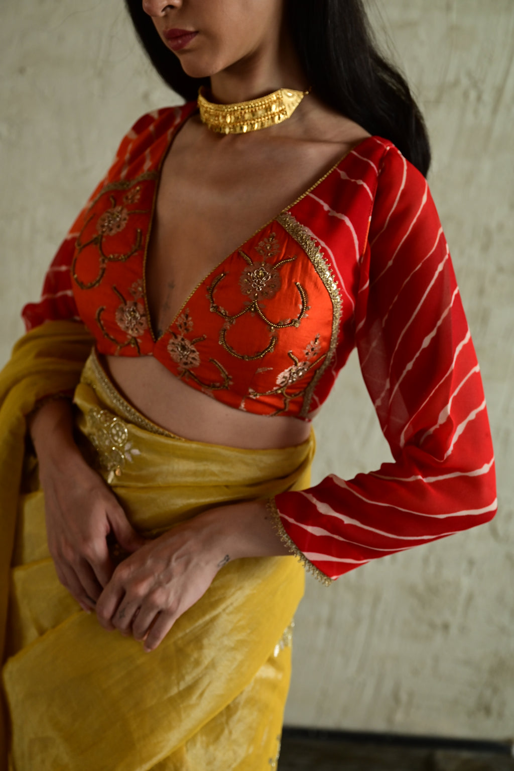 Madhuri Choli in Orange Brocade and Leheriya Georgette
