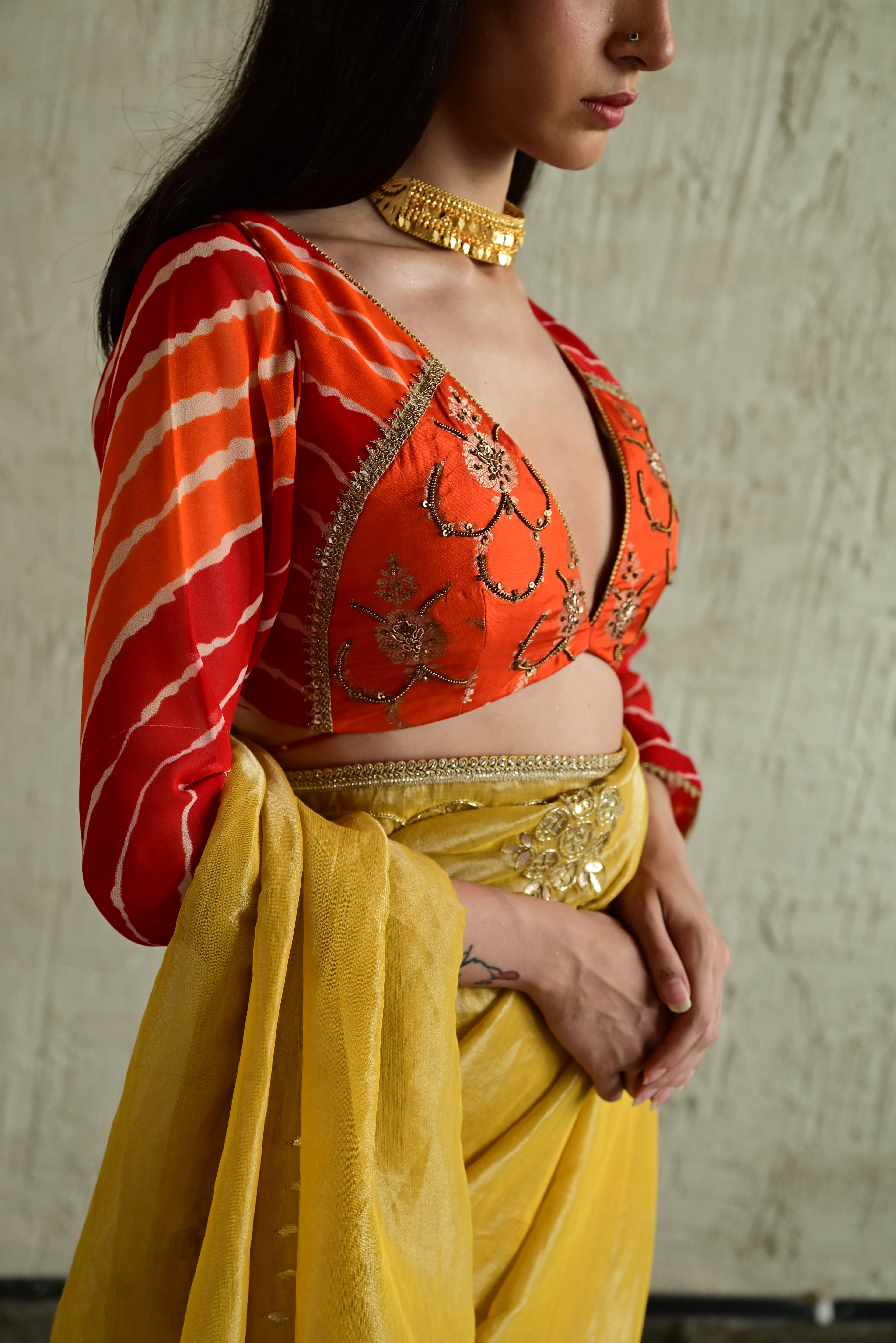 Madhuri Choli in Orange Brocade and Leheriya Georgette