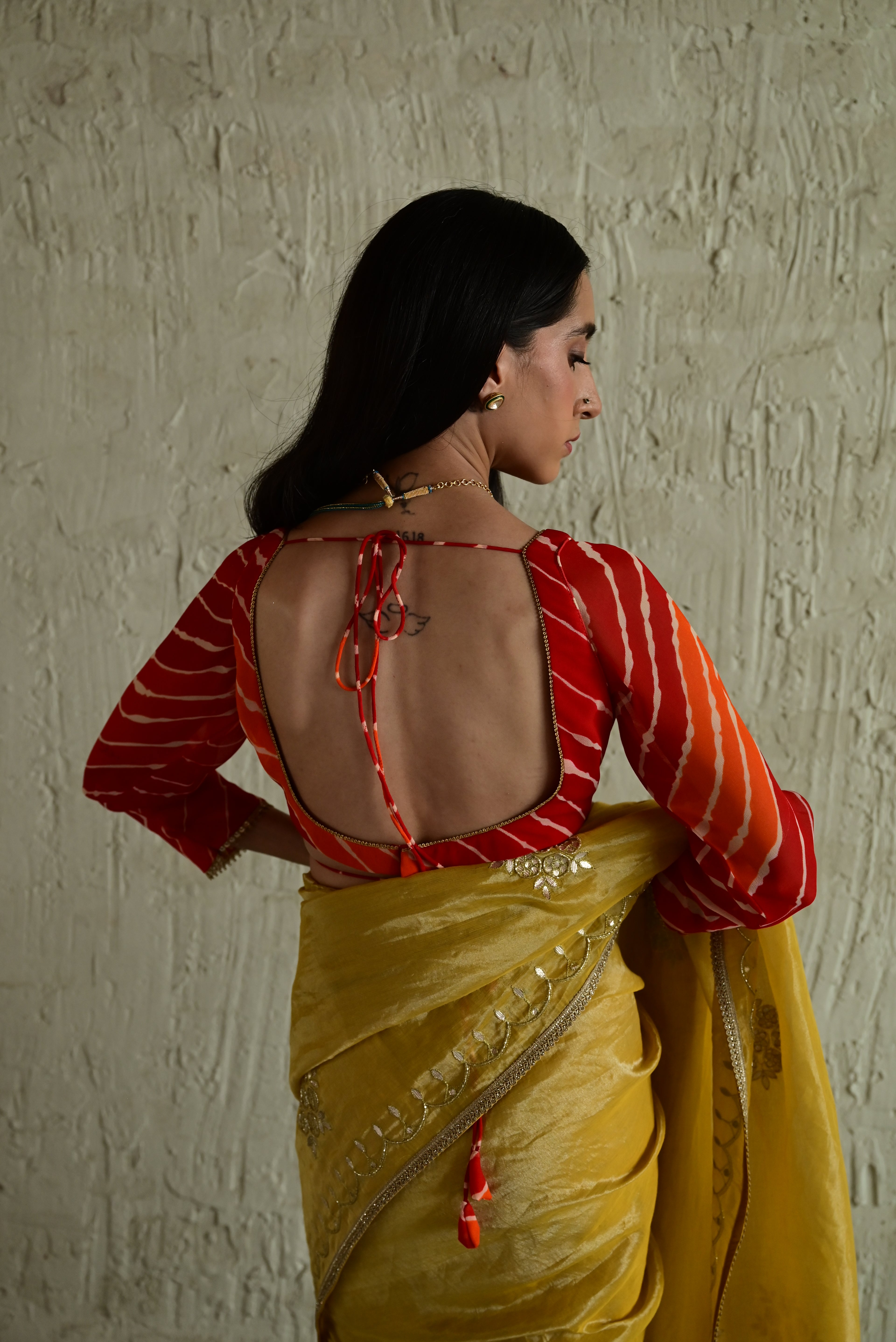 Madhuri Choli in Orange Brocade and Leheriya Georgette