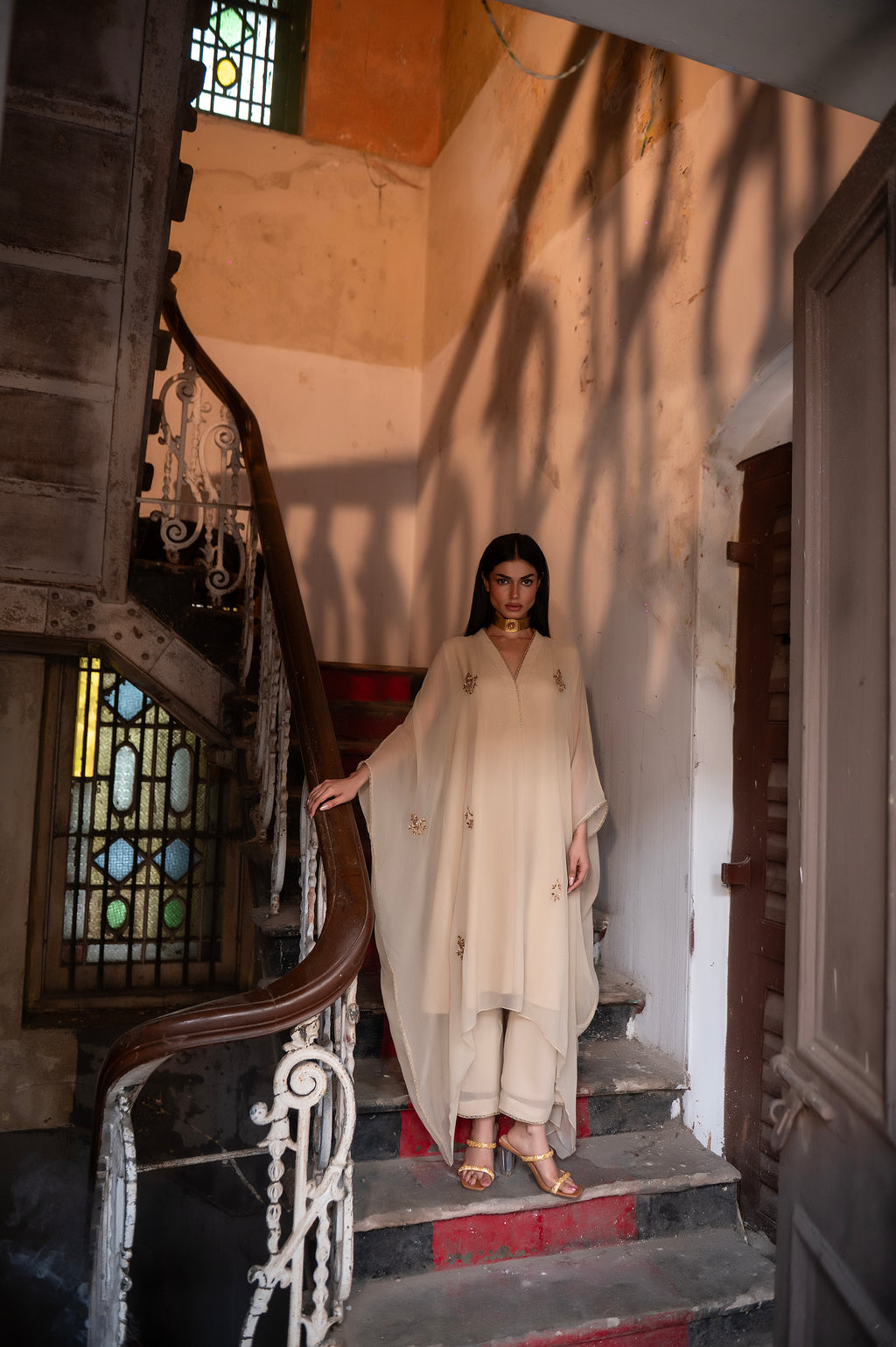 Chiffon Kaftan in Ivory with Ivory Pallazzo