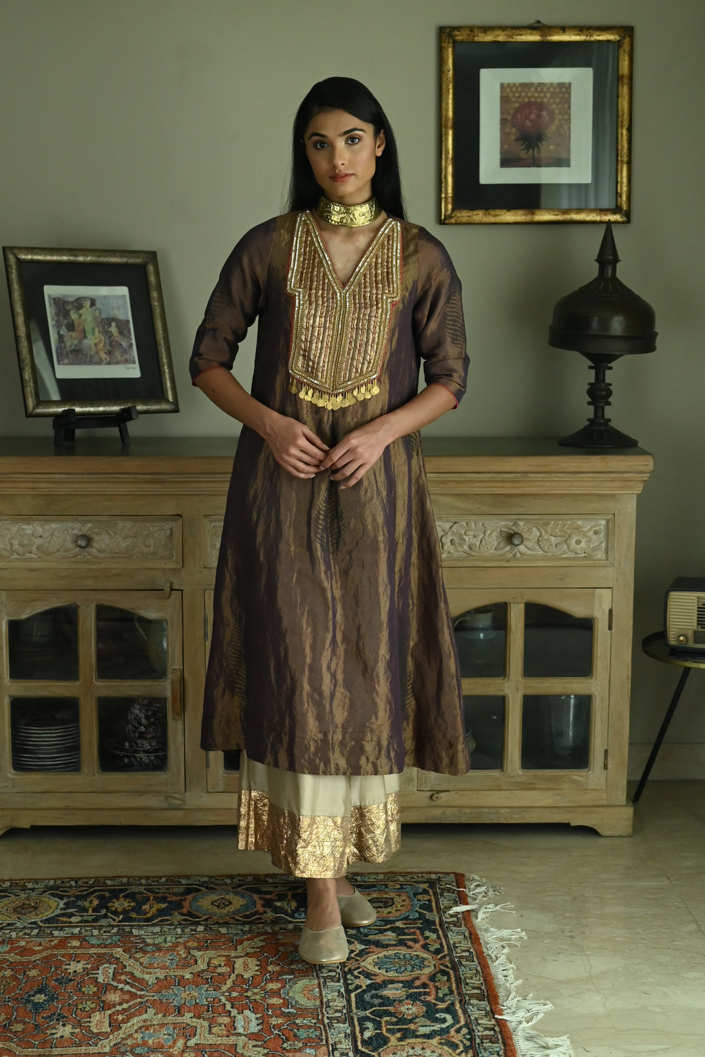 Banjara Kurta in Plum Tissue with Chai Beige Farshi