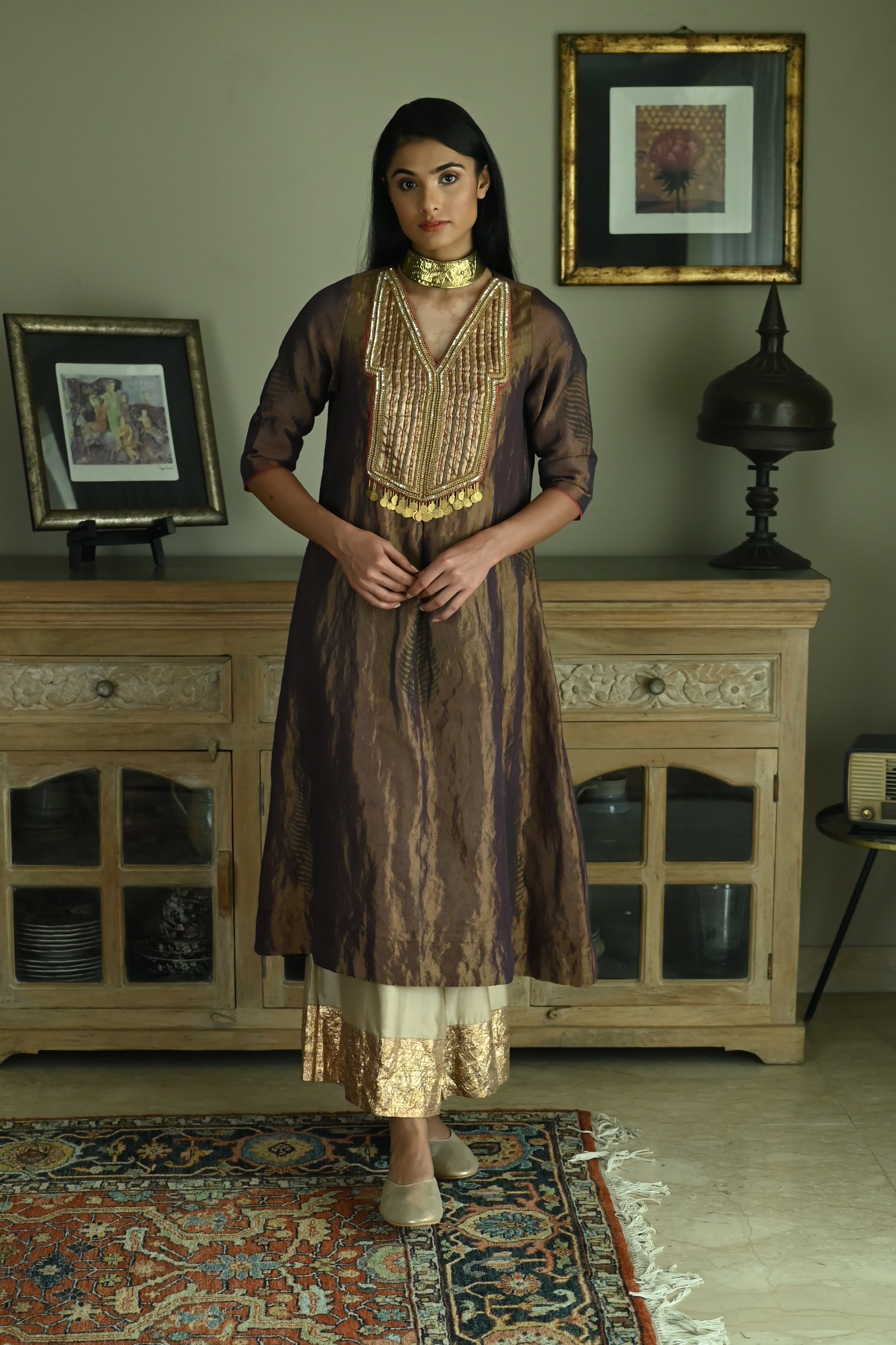 Banjara Kurta in Plum Tissue with Chai Beige Farshi