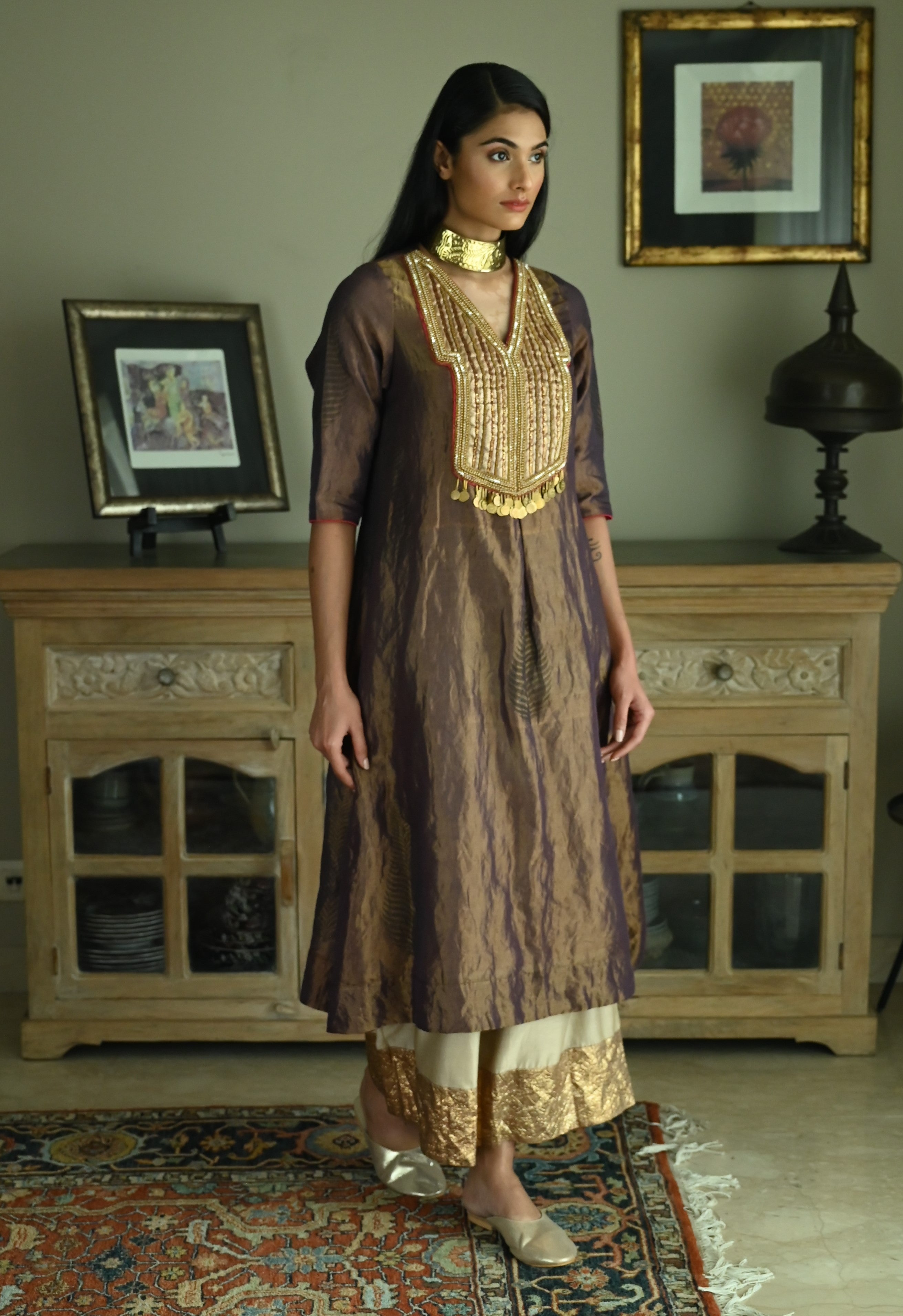 Banjara Kurta in Plum Tissue with Chai Beige Farshi
